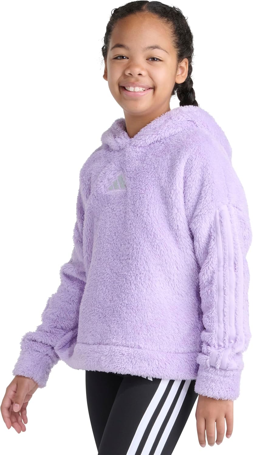 adidas girls 3-stripes Sherpa Hooded Pullover (Big Kid) - Image 2