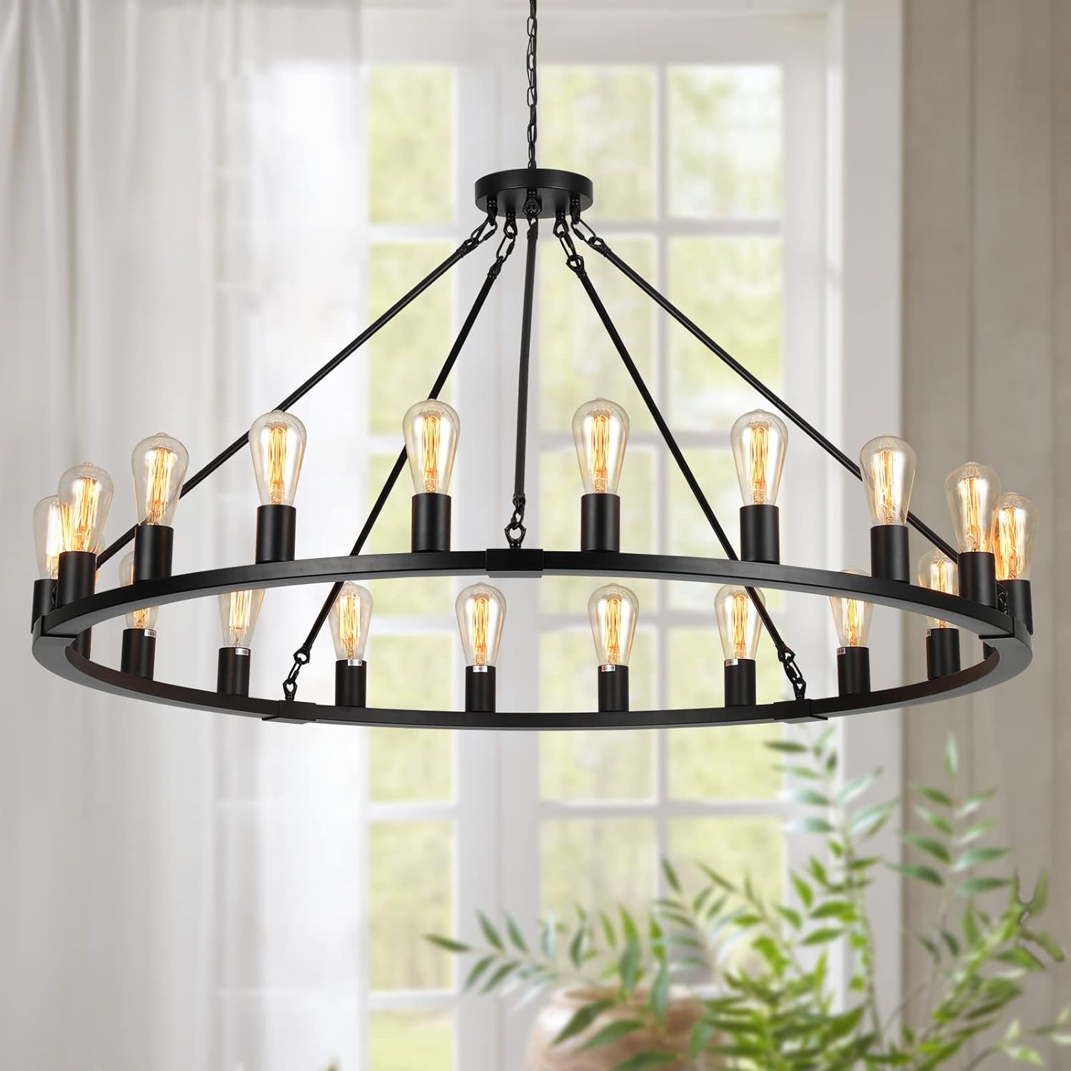 Wagon Wheel Chandelier, Large Black Farmhouse Chandelier for Dining Room Light Fixture, 20-Light 48 Inch Extra Hanging Lighting for High Ceilings Living Room Kitchen Island Foyer Villa Black D48'' 20-Light