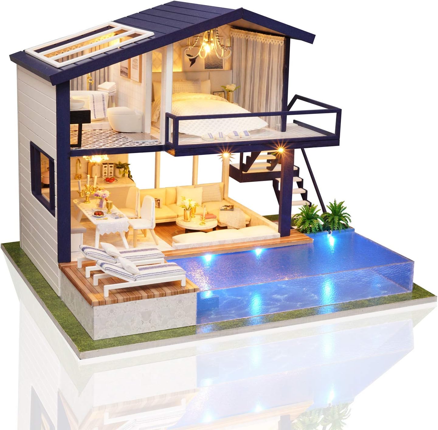 Cuteefun Miniature DIY Dolls House Kit, Wooden Doll house Kit with Furniture, Swimming Pool, Music Box - Image 4