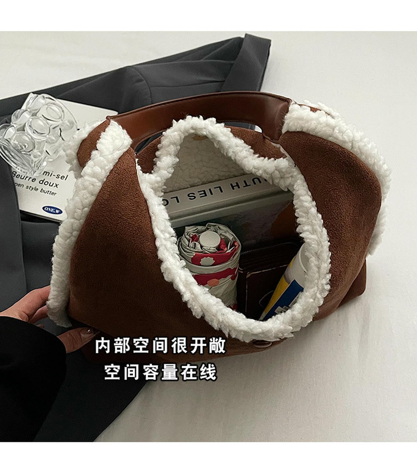 Frizione Donna Borsa A Mano in Pelle Scamosciata Tracolla da con Hobo Elegante Morbida Peluche Vintage Lana d'Agnello-Marrone Chiaro