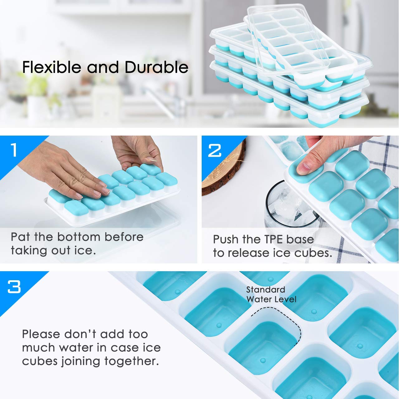 U Chef Ice Cube Molds with Lids, Set of 4 Flexible Silicone Easy Release Trays with Spill Resistant Removable Lid, Stackable Ice Trays — Amazon image 3