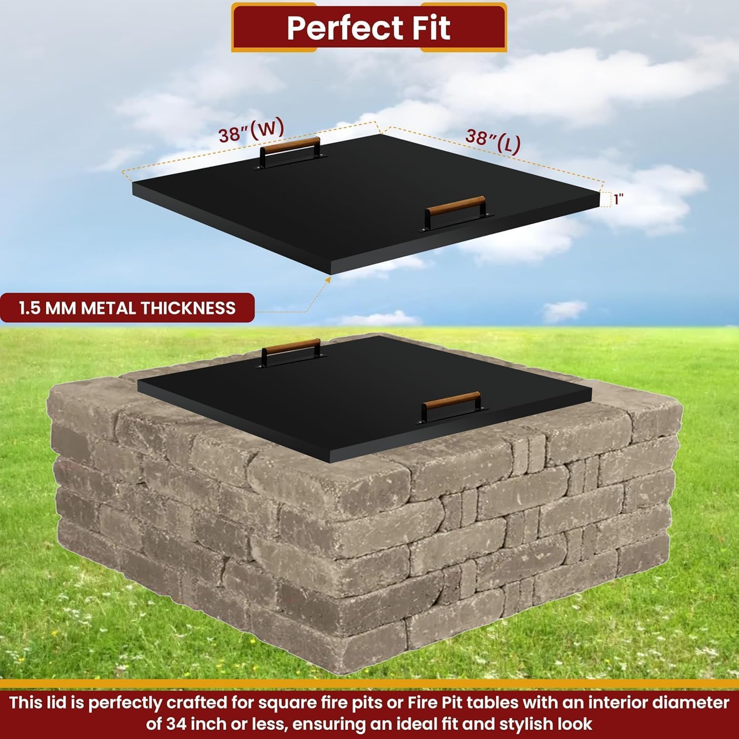 FEBTECH - Fire Pit Lid - 38 x 38 Inch - Steel Fire Pit Lid - FirePit Cover Square - Drop-in Burner Pan - 1.5 mm Thickness for Outdoor