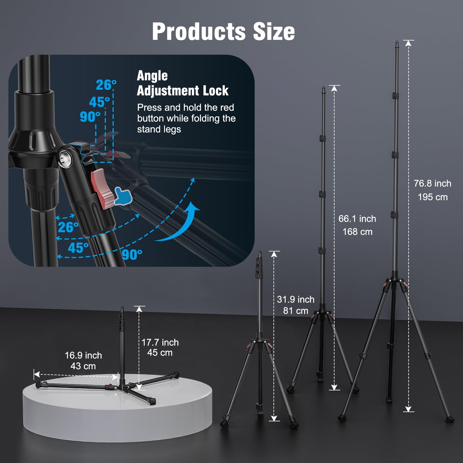 Supporto per luce fotografica, treppiede regolabile in lega di alluminio da 45-195 cm con filettatura da 1/4", carico massimo 3 kg, supporto pieghevole e portatile per luce ad anello, pannello