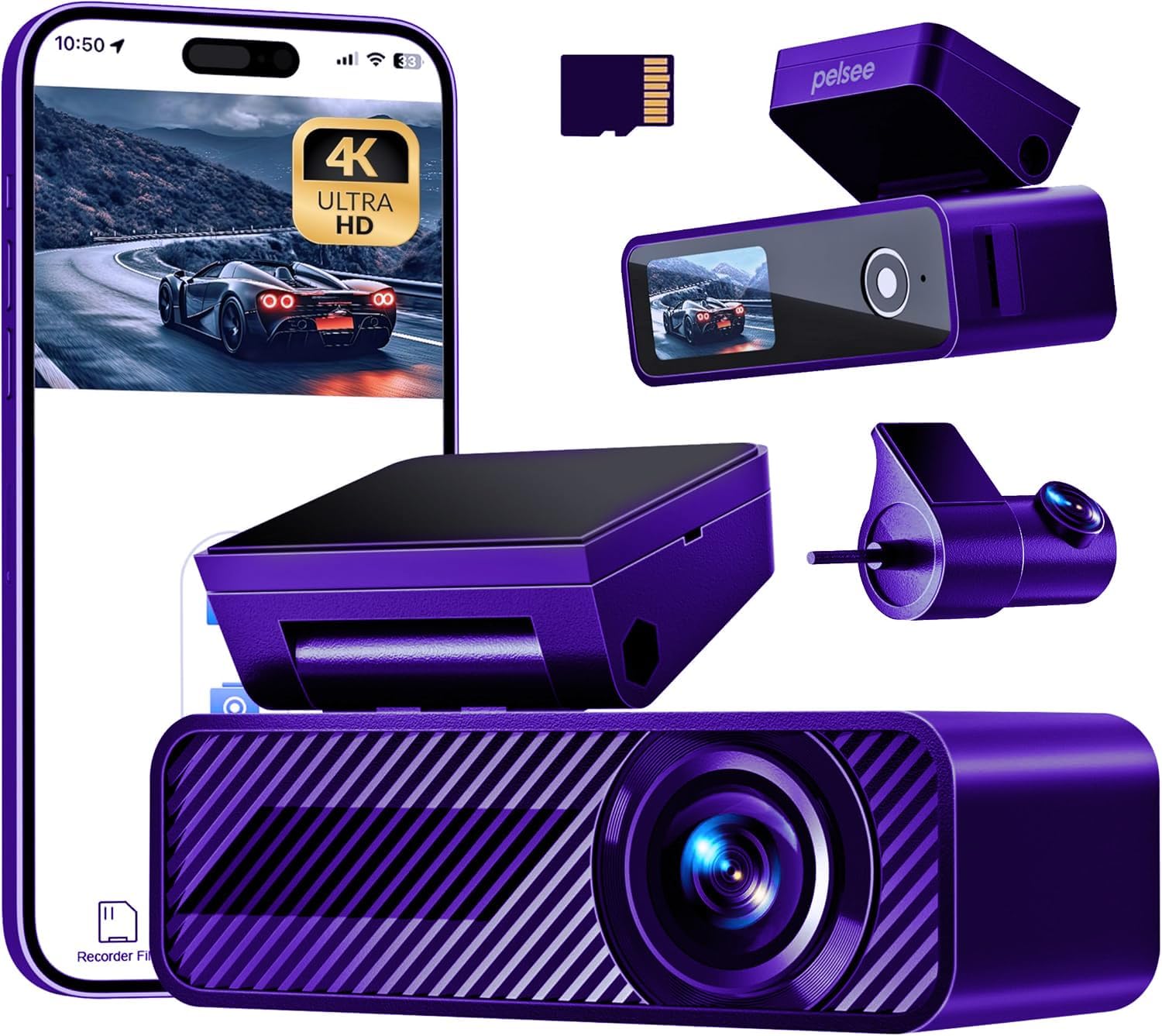 Pelsee P1 Duo 4K Dashcam Auto Vorne Hinten mit GPS Wi-Fi, 64GB SD Karte, 1,5'' IPS Display Dual Auto Kamera mit 24H Parküberwachung, Super Nachtsicht, 170° Weitwinkel, APP, G-Sensor, Max 256GB