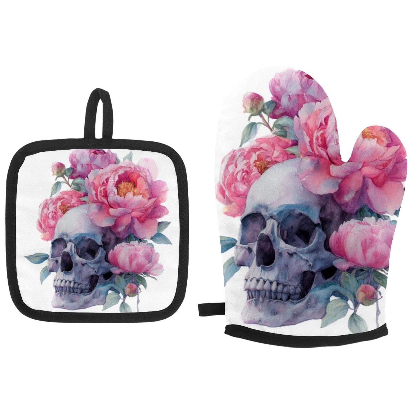 Maniques et gants de cuisine pour barbecue et cuisson au four motif pivoines