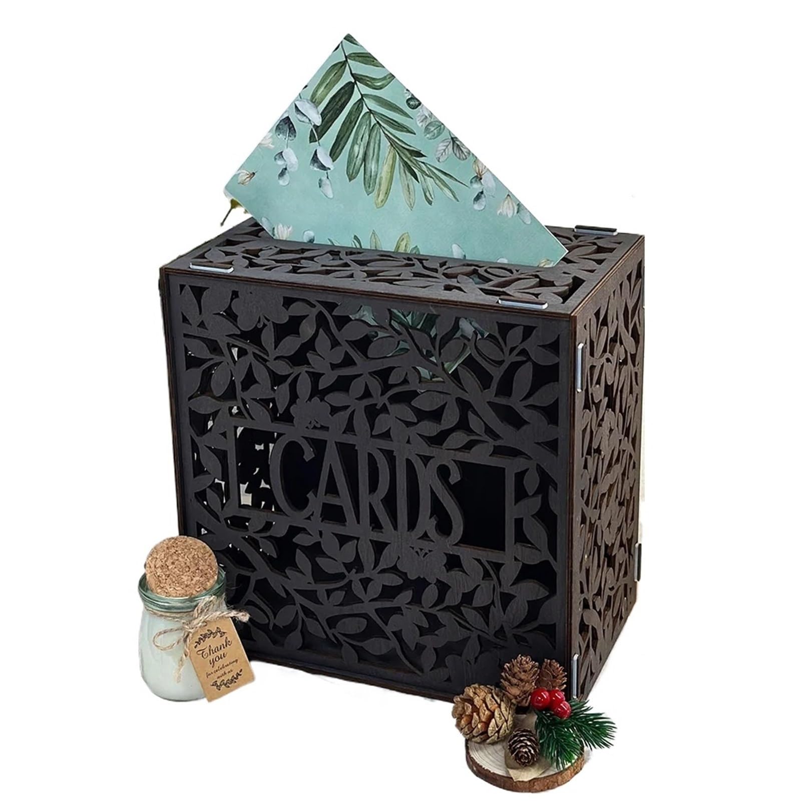 Caja para tarjetas de boda rústica y buzón de madera hueca para recepción de cumpleaños