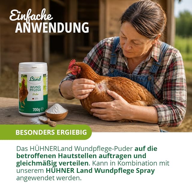 Foto 4 de 7 de Polvo para el cuidado de heridas de HÜHNERLand para pollos, codornices y aves de corral, 700 g