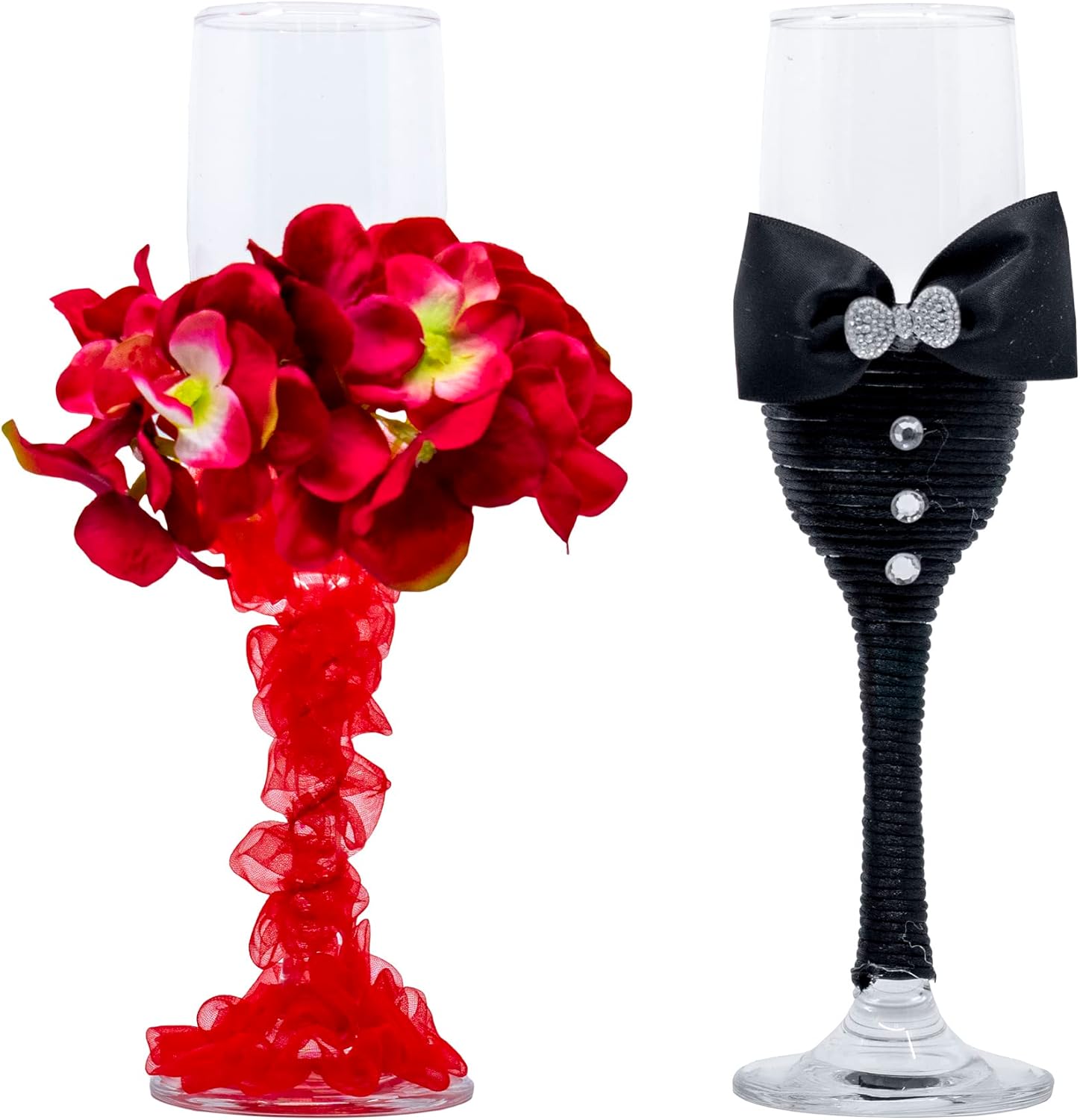 Stephanie Imports Red Floral Wedding Dress with Black Tuxedo - Bride and Groom Wedding Glass Champagne Flutes (Set of 2)