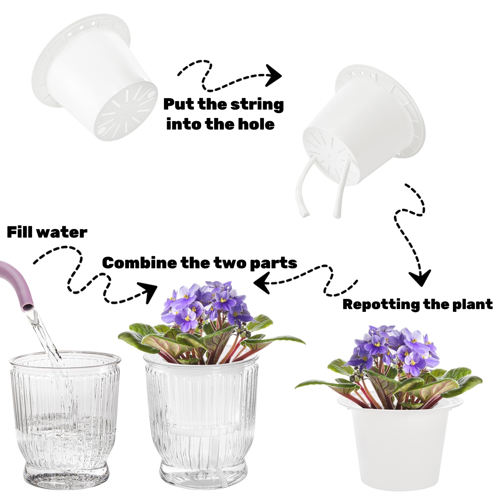 ZOOFOX Lot de 10 petits pots de fleurs à arrosage automatique de 10,2 cm pour plantes d'intérieur, pots de fleurs en plastique à rayures pour toutes les plantes d'intérieur, herbes, aloès, violettes