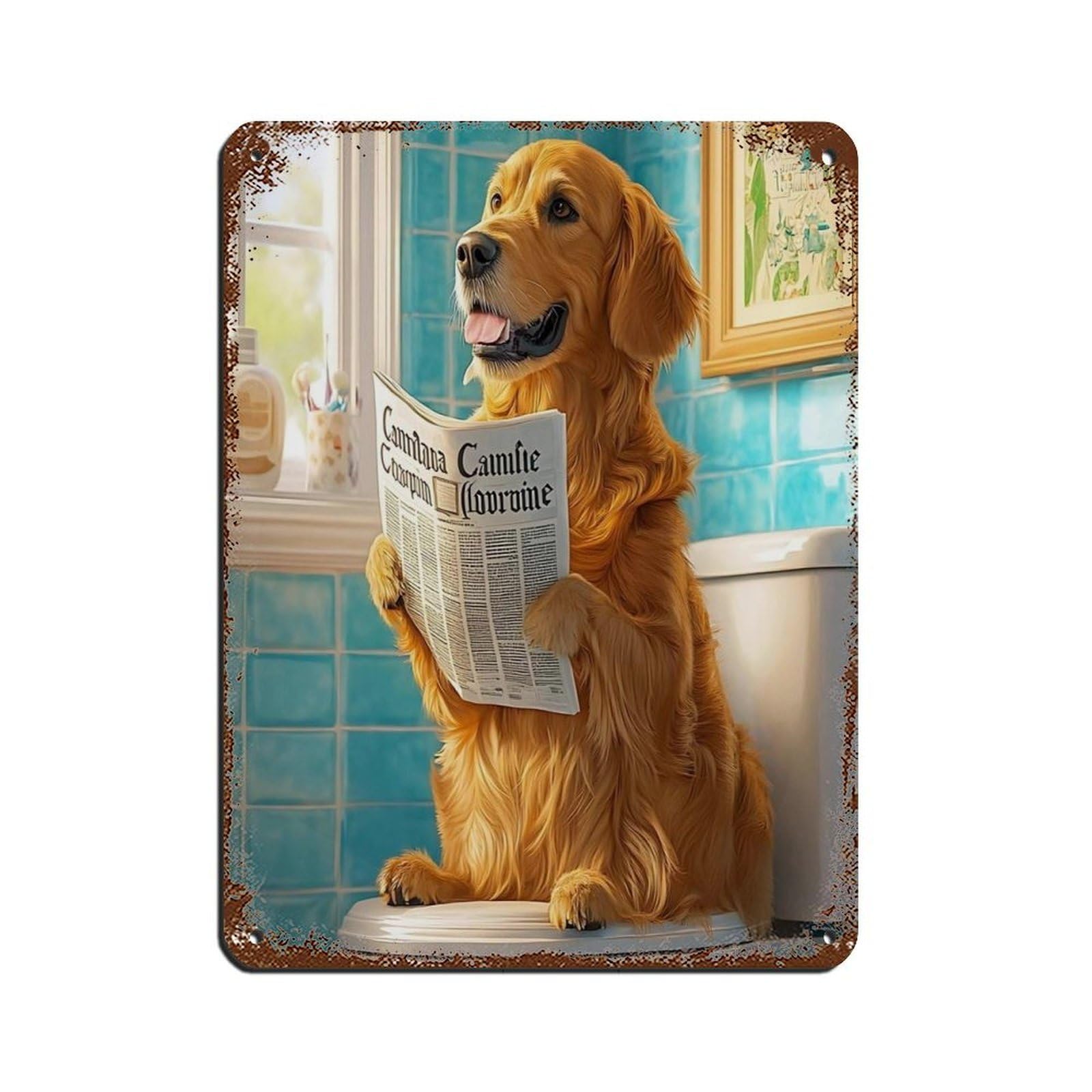 Lxwnze 30L X 40W Cm Golden Retriever Reading Newspaper Bathroom Retro Poster Metal Tin Sign Chic Art Retro Iron Painting Bar People Cave Cafe Family Garage Poster Wall Decoration 12X16inch(30X40cm)