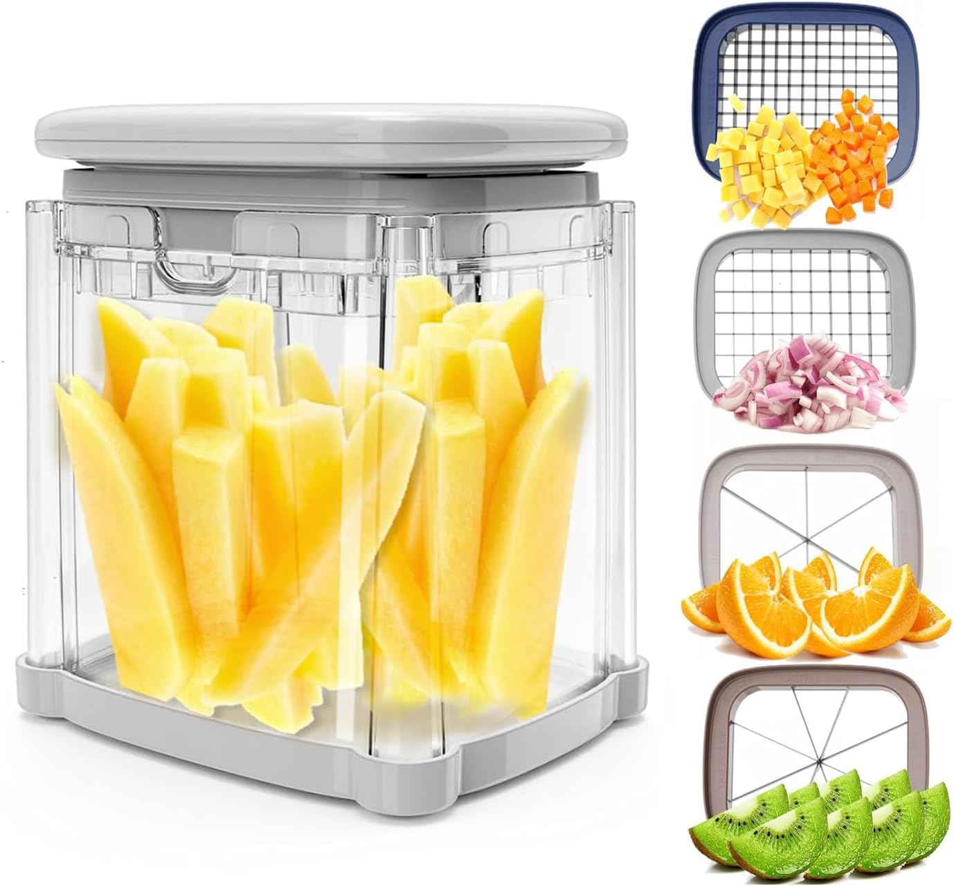 French Fry Cutter 4-in-1 – Potato Cutter for Fries, Onion Dicer, Food Chopper & Apple Slicer – Manual Hand Vegetable Cutter with 4 Blades