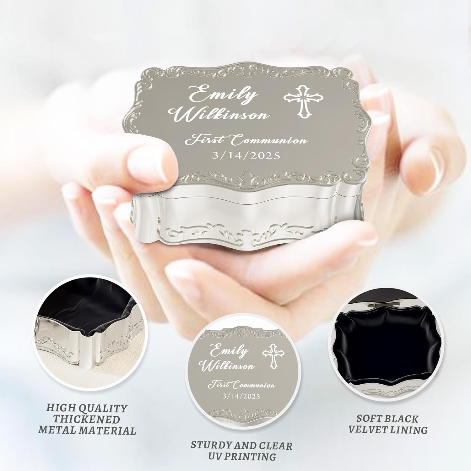 iDIY Personalized First Communion Gift for Girls, Baby Baptism Gifts for Girl, Keepsake Box Custom Jewelry Box Engraved Name and Date Christening Gifts
