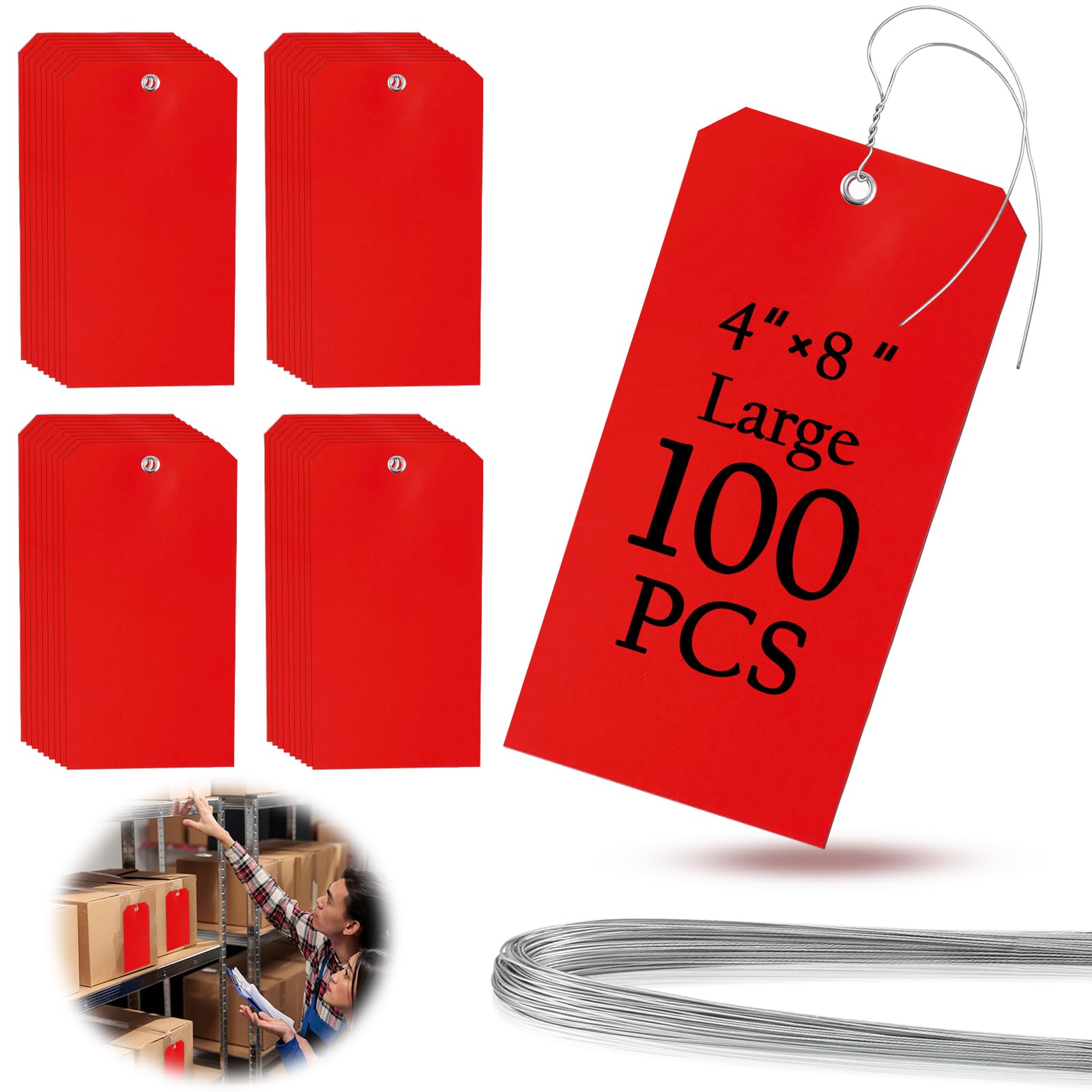 100 Large Plastic Tags - 4x8 inch, Heavy Duty, Waterproof, Writable, Blank, Hang Tags for Luggage, Garage, Inventory, Car Parts (Red)