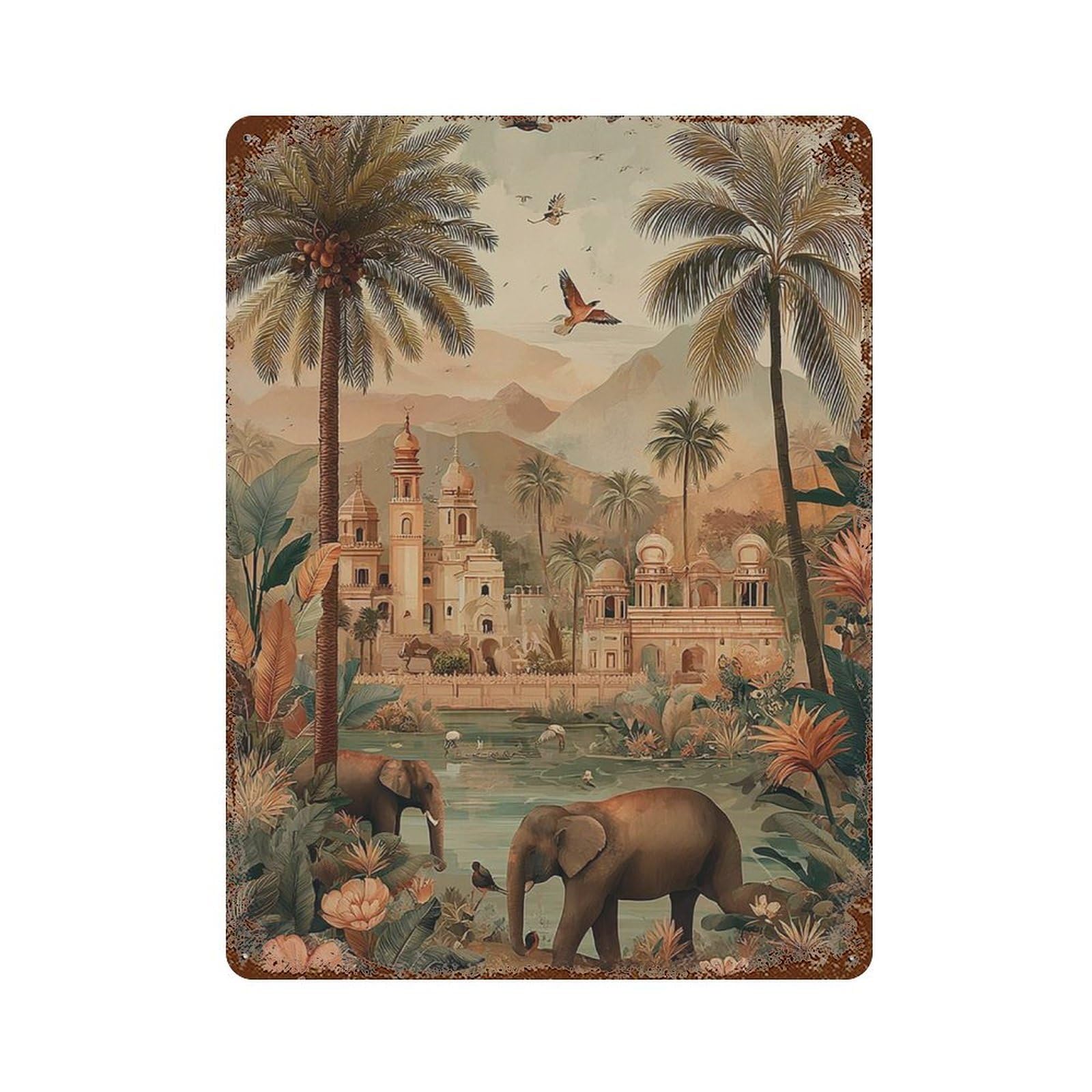 xiaoxiaoshen Elephant Jungle Indian Palace Exotic Animal in Style Wall Decor Art Metal Tin Poster Modern Home Decor Art Home Bar Shop Decorations Vintage Sign 40x30cm