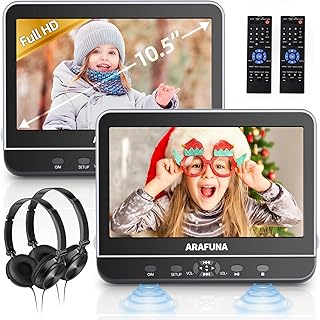 10.5" Dual Portable DVD Player with HDMI Input, Arafuna Car DVD Player Dual Screen Play A Same or Two Different Movies, Headrest DVD Player for Car Support 1080P HD Video, USB/SD,Last Memory