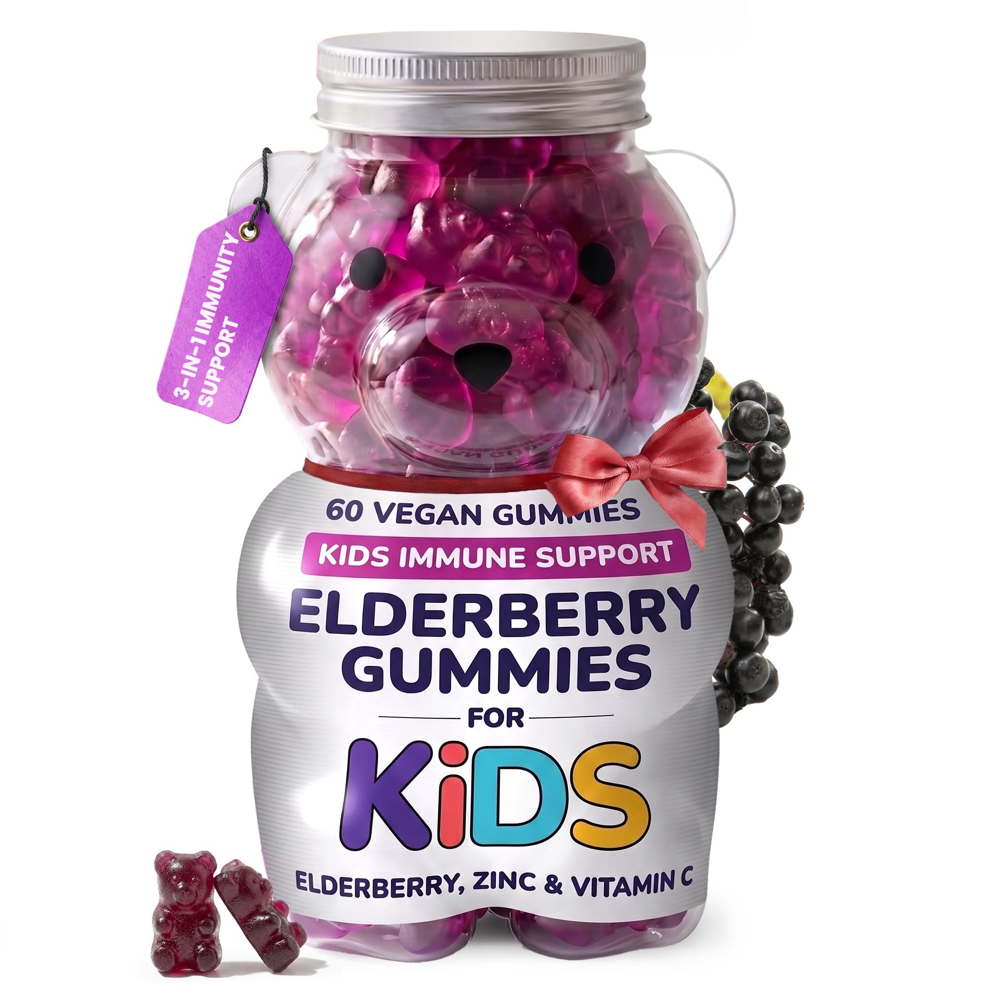 Elderberry Gummies for Kids - 3 in 1 Elderberry Vitamin C and Zinc - Vegan, Organic Immune Support Supplement for Kids - No Added Sugar - Dentist Friendly - Non GMO - Allergen free 60 Chewable Gummies