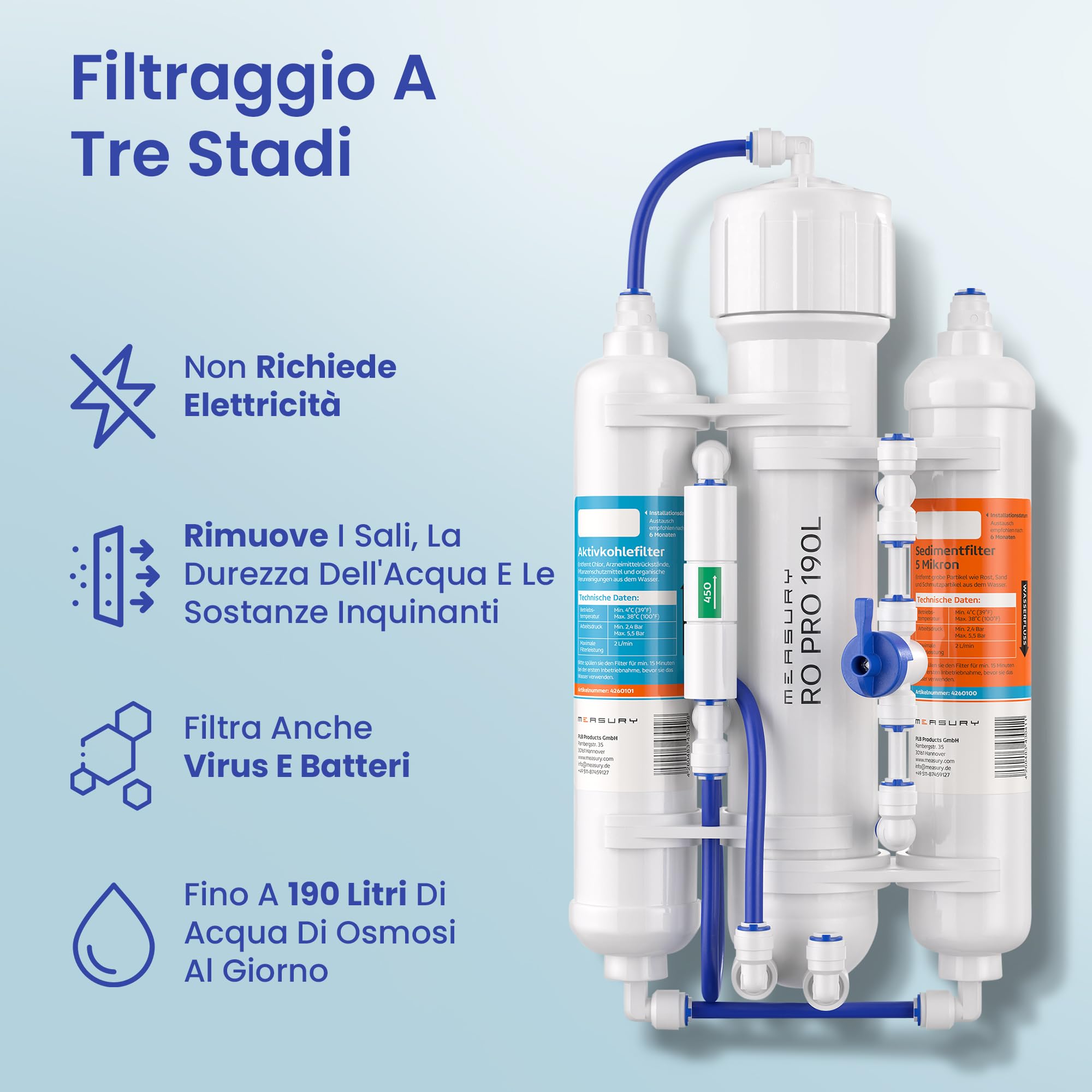 Measury Impianto Osmosi Inversa Acquario - Acqua Osmotica per Acquario (50G / 190L al Giorno)