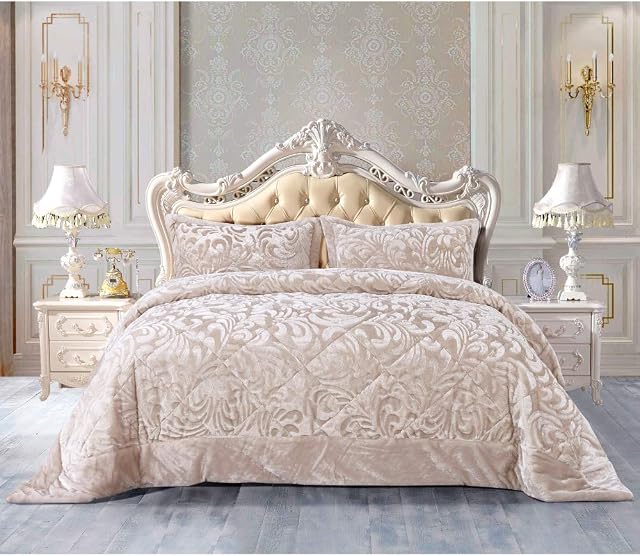 Super Soft Velvet Quilted Bedspread King Size Bedding Set 3 Piece with Matching Shams - Warm Quilt Blanket for Bedroom Decor for Teen Girls - Beige
