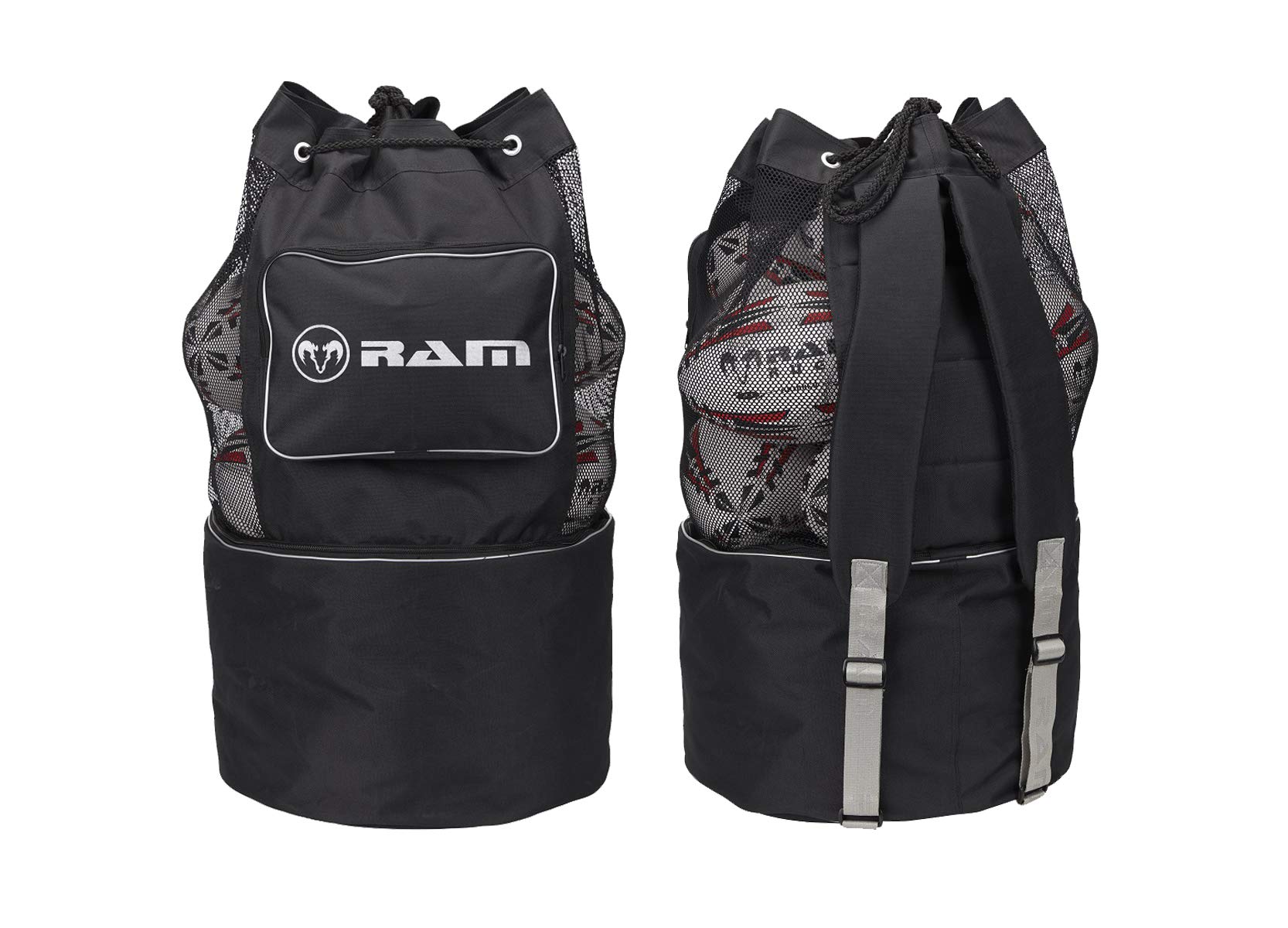 Ram Rugby Coaches Ball Bag - Durable Multi-Compartment Storage with Breathable Mesh for 8 Size 5 Balls, Heavy-Duty Vinyl Bottom for Bibs & Cones, Side Pocket, Backpack Straps for Easy Transport