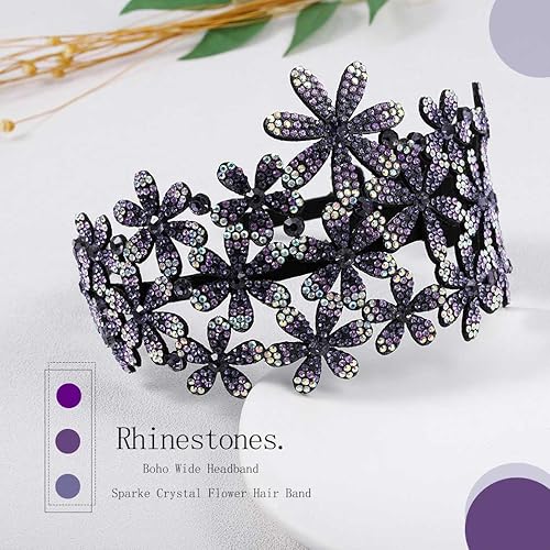 Miniatura 2 de Diadema ancha bohemia con diamantes de imitación, banda para el cabello con flores de cristal, accesorios para el cabello para mujeres y niñas