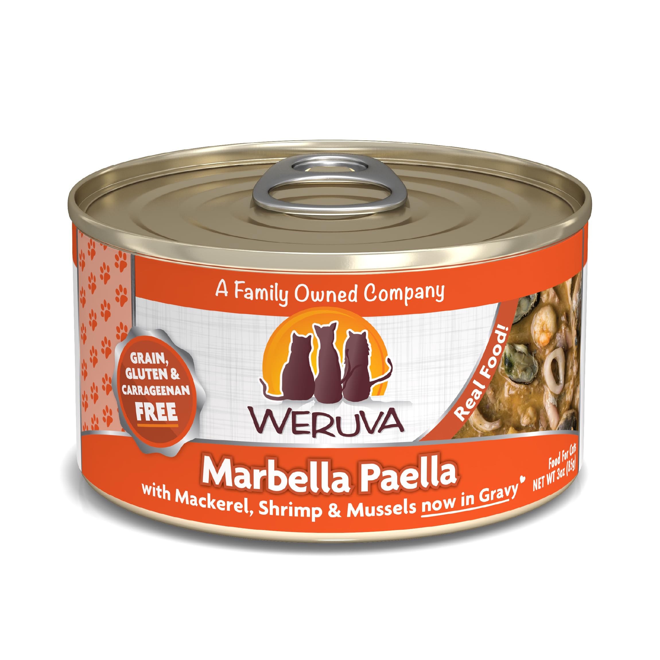 Weruva Classic Cat Food, Marbella Paella with Mackerel, Shrimp, & Mussels in Gravy, 3oz Can (Pack of 24)