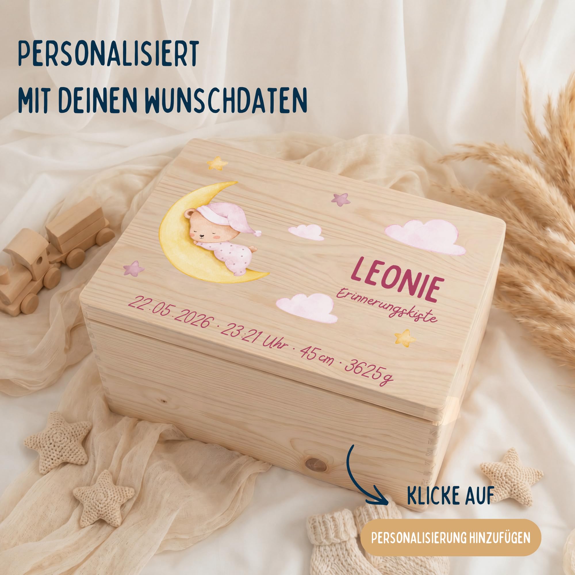 Generisch Erinnerungsbox Baby, personalisierte Holzkiste mit Klappdeckel, Aufbewahrung von Erinnerungen, Geschenk zur Geburt und Taufe, Geburtsgeschenk Jungen und Mädchen (Bär pink, 40x30x13 cm)