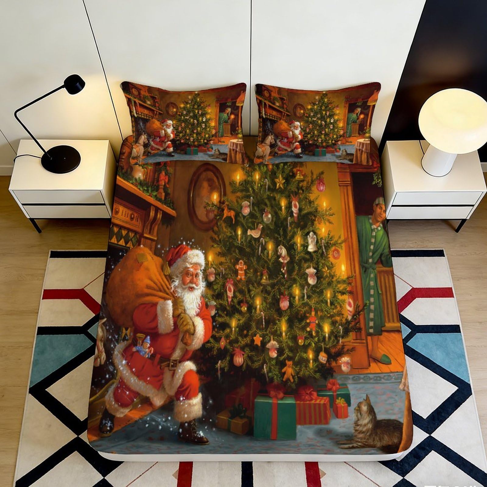 3D Printed Christmas Tree Fitted Sheet Microfiber Soft Santa Claus Bed Cover for Bedroom Guest Room Easy Care Decor, Anti-Slip, Washable 90x200x25cm