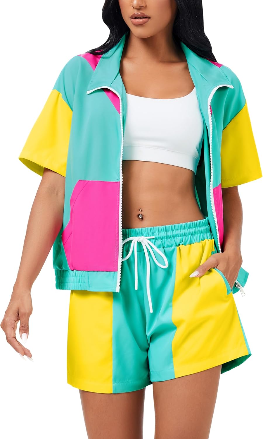 ZDT Women's Color Block 80s 90s Outfit 2 Piece Short Sleeve Costume Zip Up Windbreaker Track Suits Set