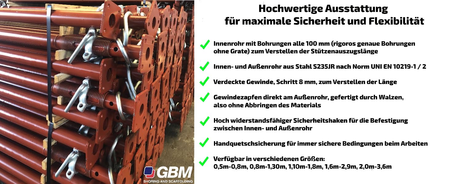 GBM Baustütze 0,8m bis 1,3m | Universalstütze 5kg | Montagestütze mit unverlierbarem Sicherheitshaken | bis 1.600kg Traglast (2 Stück)