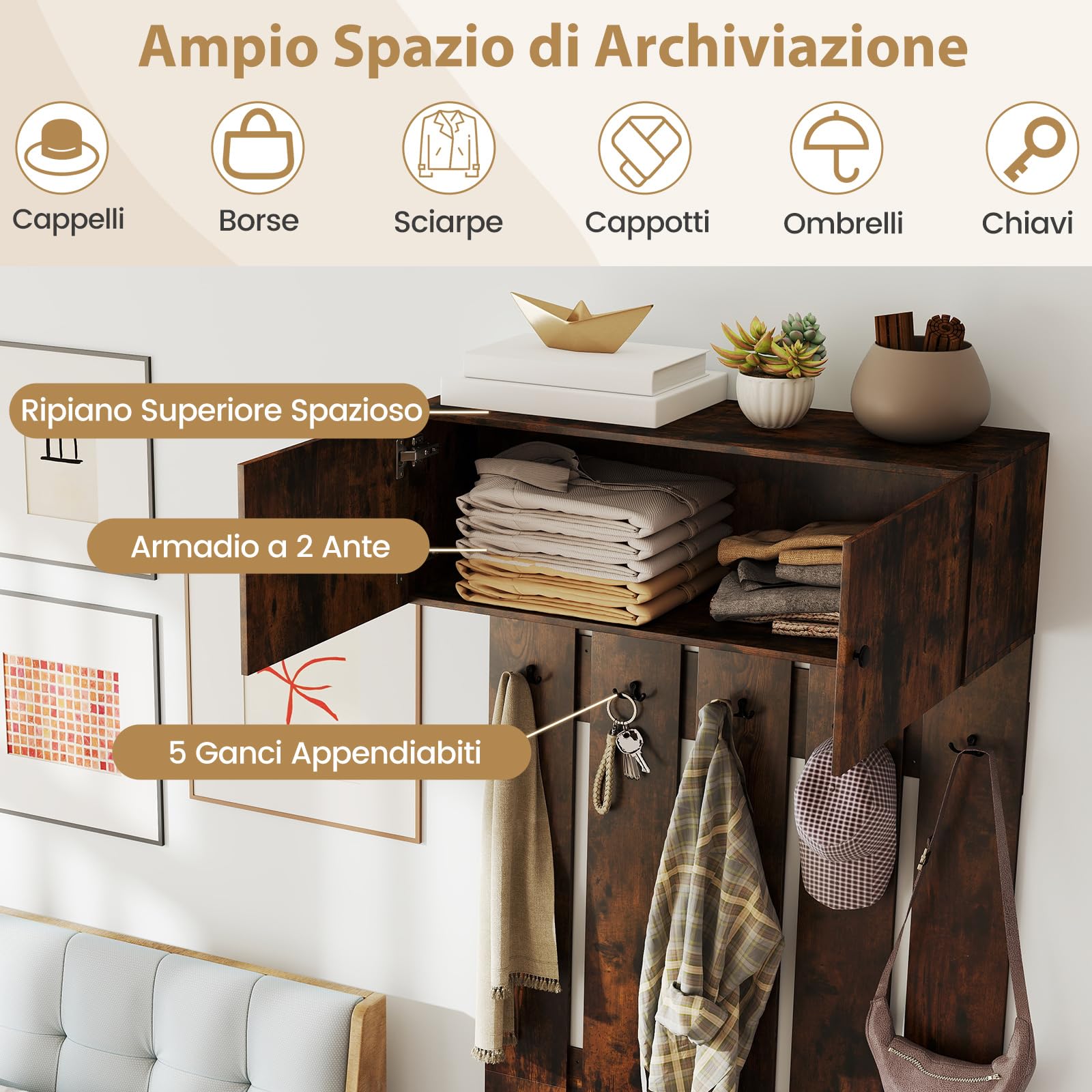COSTWAY Appendiabiti da Parete per Ingresso, Attaccapanni in Legno con 5 Ganci Doppi e Armadietto a 2 Ante, Mensola Salvaspazio per Camera da Letto, Soggiorno e Cucina, 90 x 33 x 210 cm (Marrone)