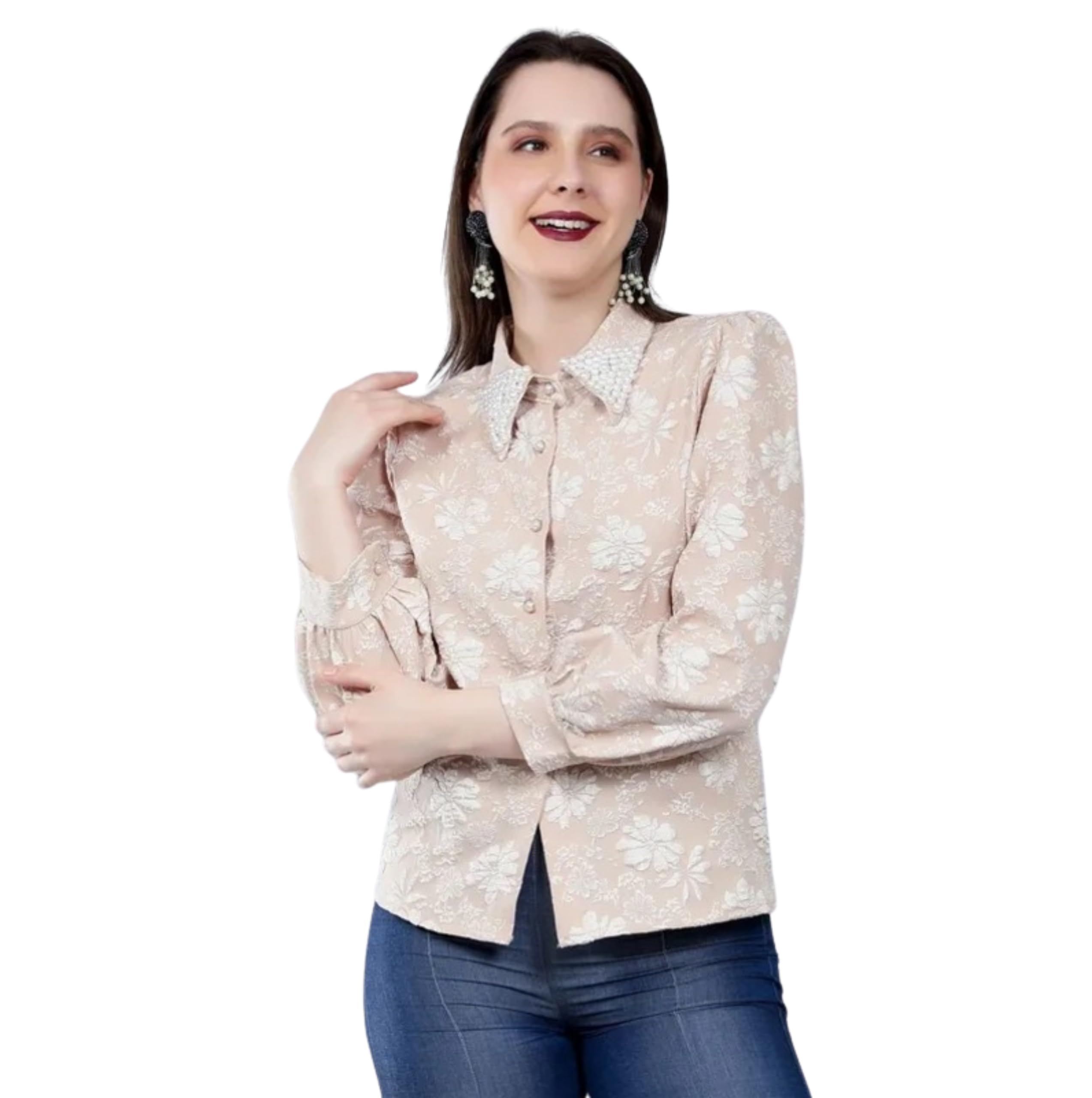 PEEPERLY Shirt for Women Outt French Beaded Polo Shirt 80% Polyester 20% Spandex Long Sleeve Regular Fit Turn Down Collar Women Stylish Shirt (Beige)-picture-40