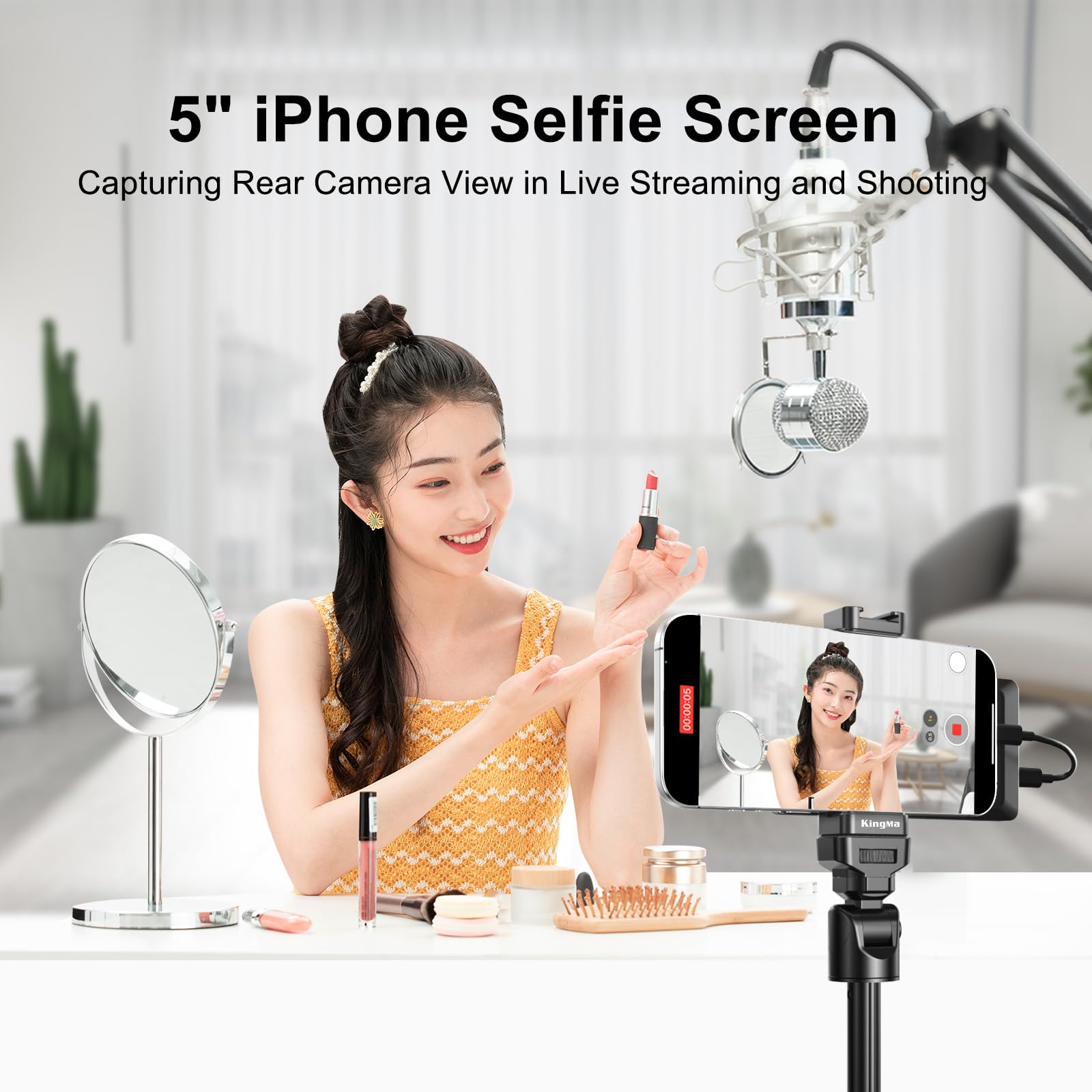 King Ma Schermo per selfie Vlog da 5 pollici, schermo Vlog per fotocamera posteriore iPhone, teleprompter con clip magnetica per telefono e telecomando Bluetooth per Vlog Live Stream TikTok, supporta