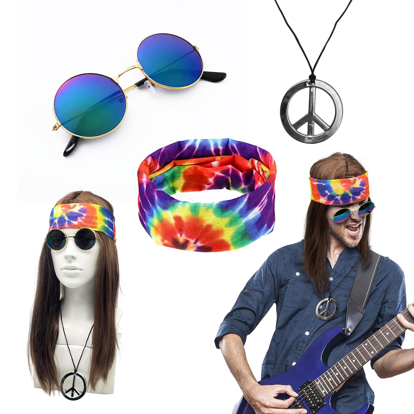 4 Piezas Disfraz Hippie Hombre Mujer Peluca Hippie Gafas de Sol Collar Colgante Banda Cabello Disfraz de Años 70 80 Peluca Hombre para Fiesta Cosplay Carnaval Halloween (4 Piezas)