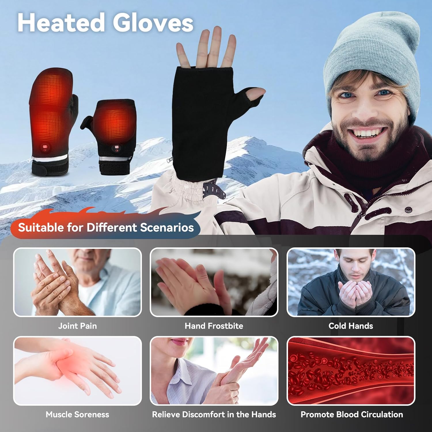 Heated Gloves, 5V 5000mAh Rechargeable Full & Half Hands Electric Gloves Heated Mittens for Men Women with Touchscreen, 3 Heating Levels, Winter Heating Glove for Camping Skiing Hiking Cycling - Image 4