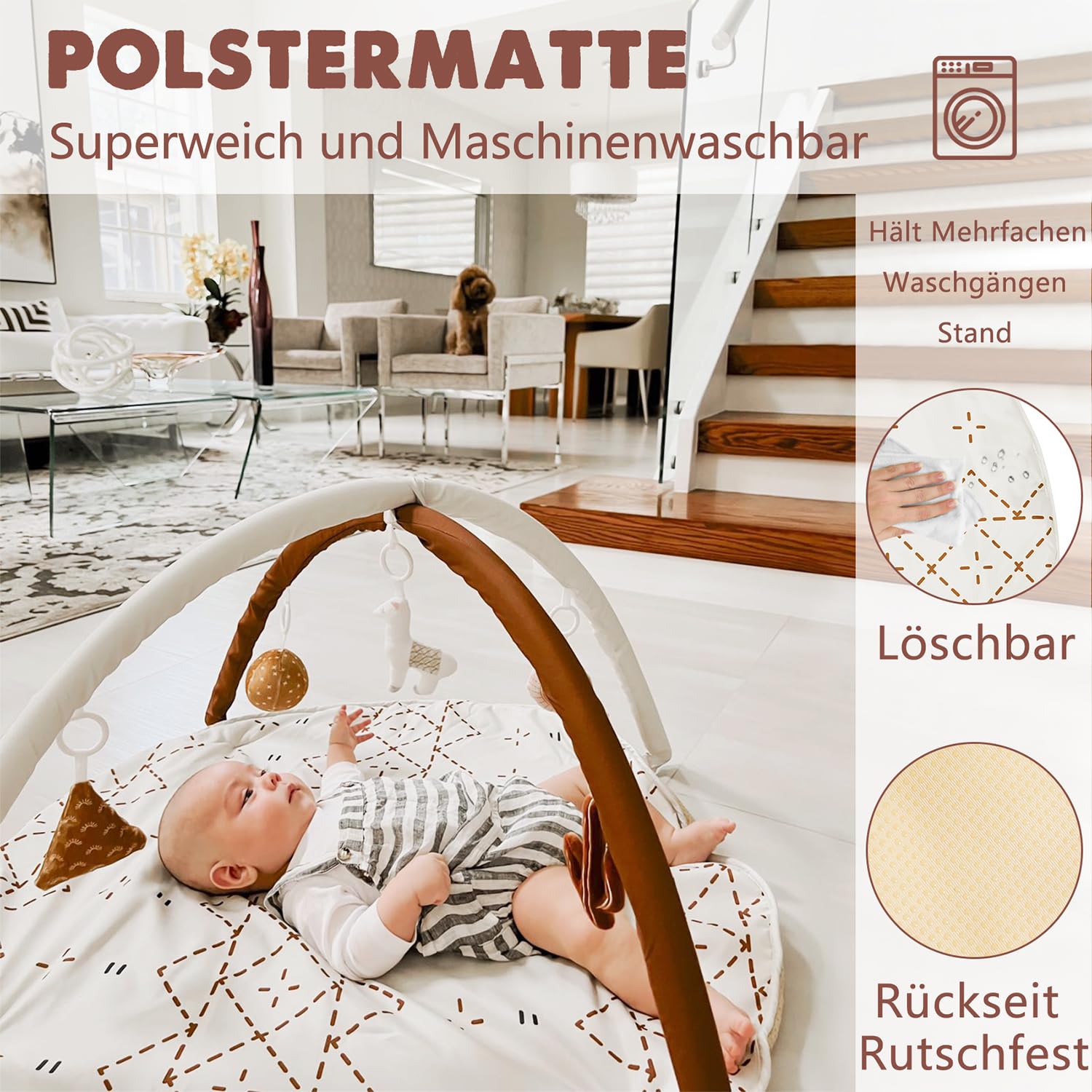 Mallify Baby Spielbogen mit Spielmatte, play mat mit Bauchzeit Kissen und 6 abnehmbaren Sensorik Spielzeugen für Neugeborene & Kinder, Goldbraun