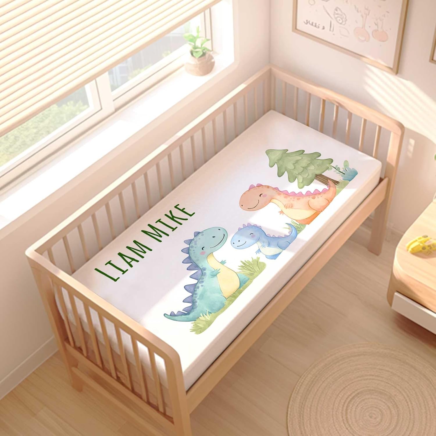 Personalized Baby Fitted Crib Sheets with Name, Custom Name Baby Crib Mattress Sheet for Boys Girls, Dinosaur Baby Bedding Sets, Nursery Soft Infant Newborn Fits Standard Mattress Toddler Bed