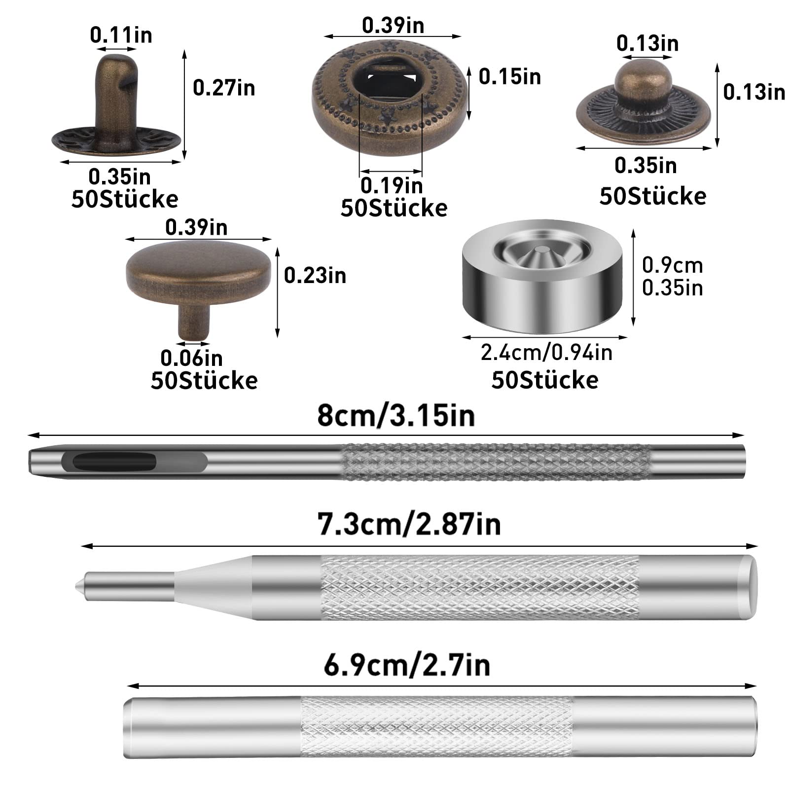 Set di 15 bottoni automatici a vite, bottoni automatici a vite da 15 mm