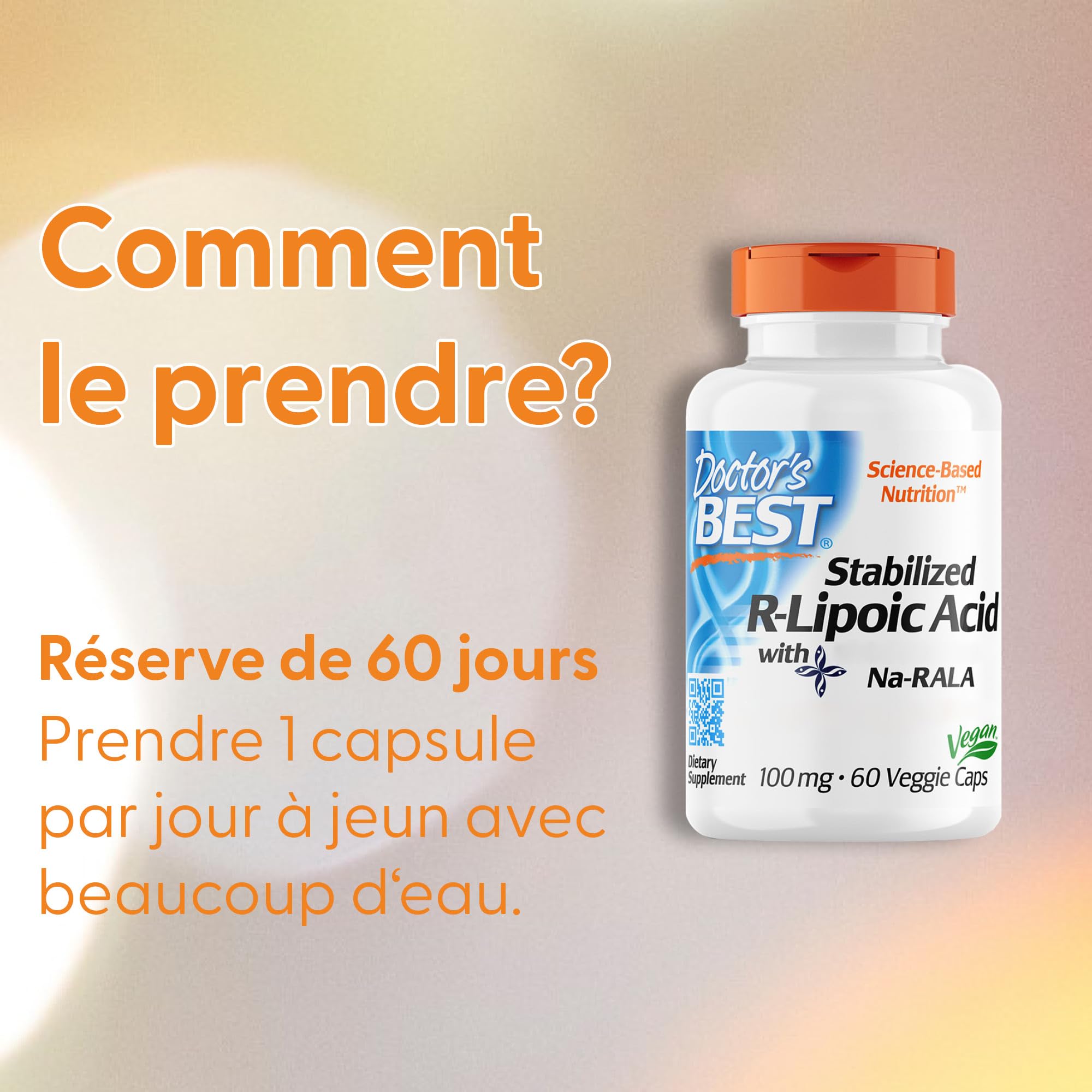 Doctor's Best, Stabilized R-Lipoic-Acid (Acide R-Lipoïque Stabilisé), 100 mg, 60 Gélules végétaliennes, Sodium, Testé en Laboratoire, Sans Soja, Sans Gluten, Sans OGM