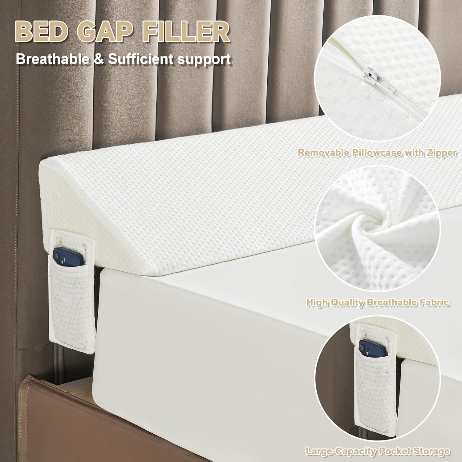 Materasso a cuneo per letto queen size Riempimento dello spazio per il cuscino con zeppa,con tasca laterale,cuscino della testiera per riempire lo spazio tra la testiera e il materasso (152*25*15 cm)