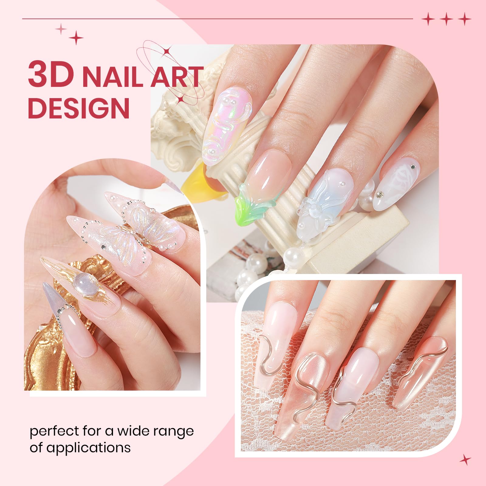 SUPWEE Clear 3D Gel Nail Art, 3 sztuki solidnych żelów do paznokci z silikonowym pisakiem, żel 3D do rzeźbienia paznokci i dekoracji, do domu, salonu DIY, 5 g