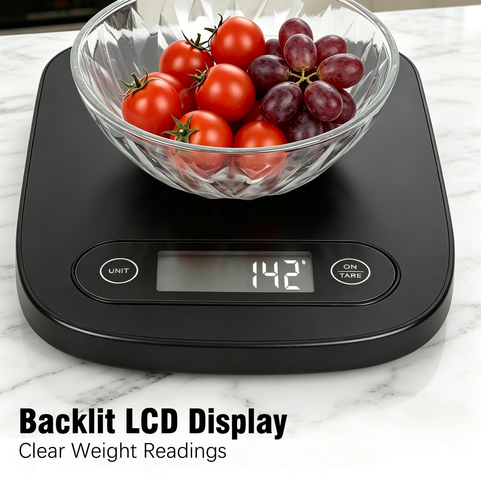 Báscula digital de cocina con pantalla LCD de 5 unidades y función de tara, diseño compacto para hornear, cocinar saludable, preparación de comidas, 11 libras de acero inoxidable (negro)