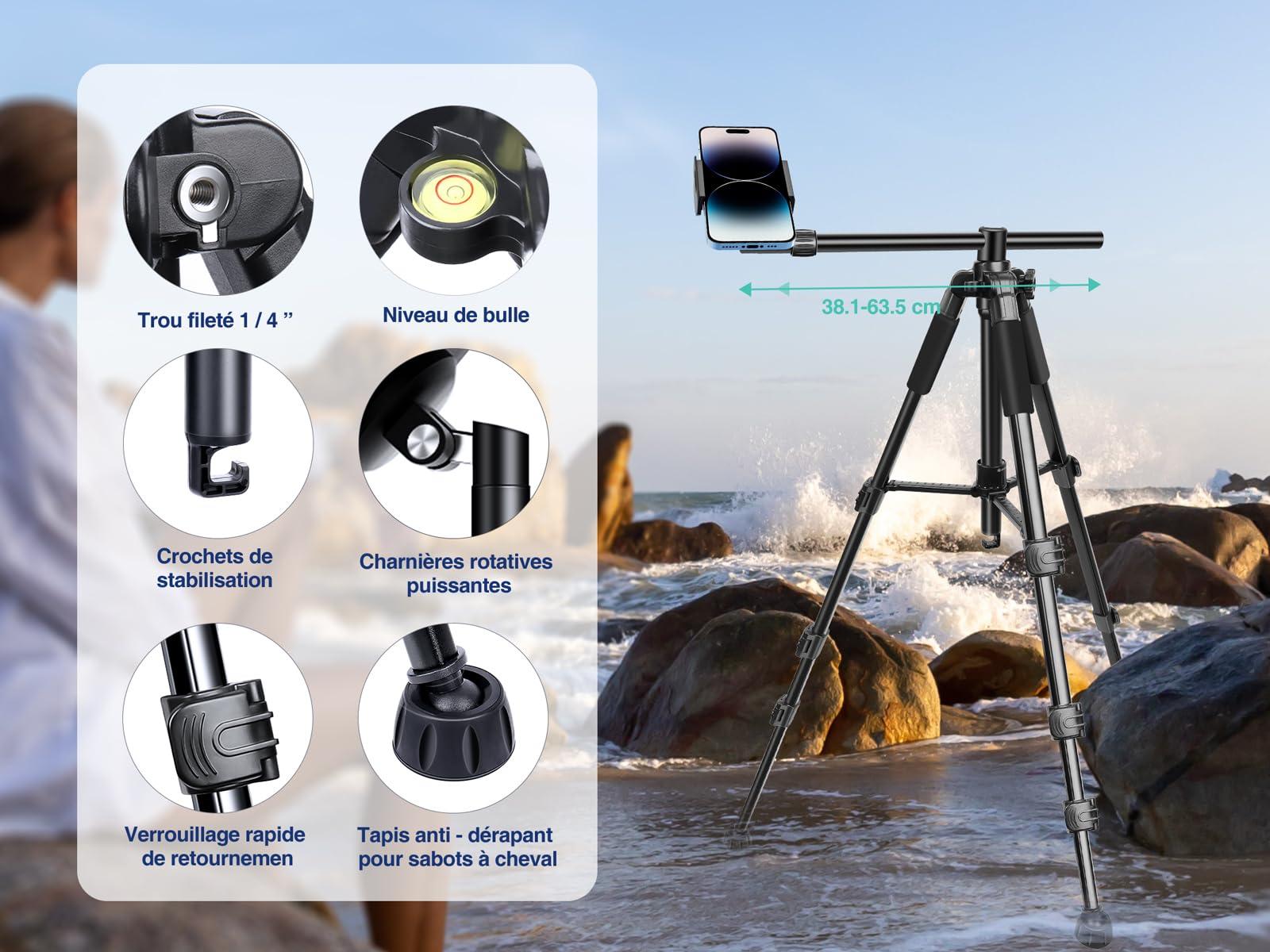 Elitehood Stable Trépied Smartphone pour Filmer Vidéo, 63cm Bras Télescopique Horizontal Long, 180cm Haute Trepied iPhone avec Support de Téléphone Pivotant à 360°pour Démo de Cuisine de Sketch