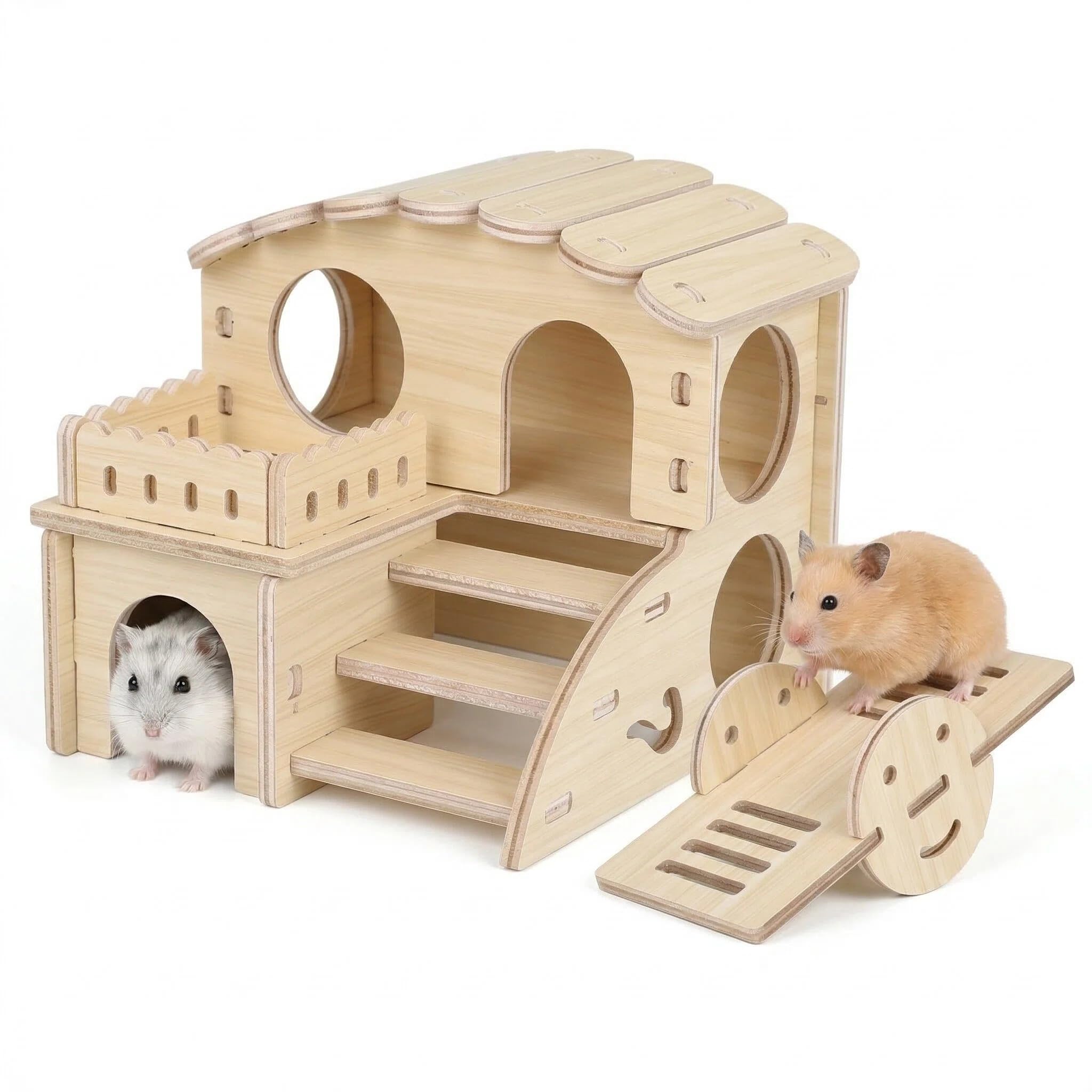 Wooden Hamster House, Hamster Hide with Platform and Seesaw, Small Animal House for Syrian Dwarf Hamsters, Gerbils Mice, Bed and Play Area, Cage Accessories for Hamsters Small Pets