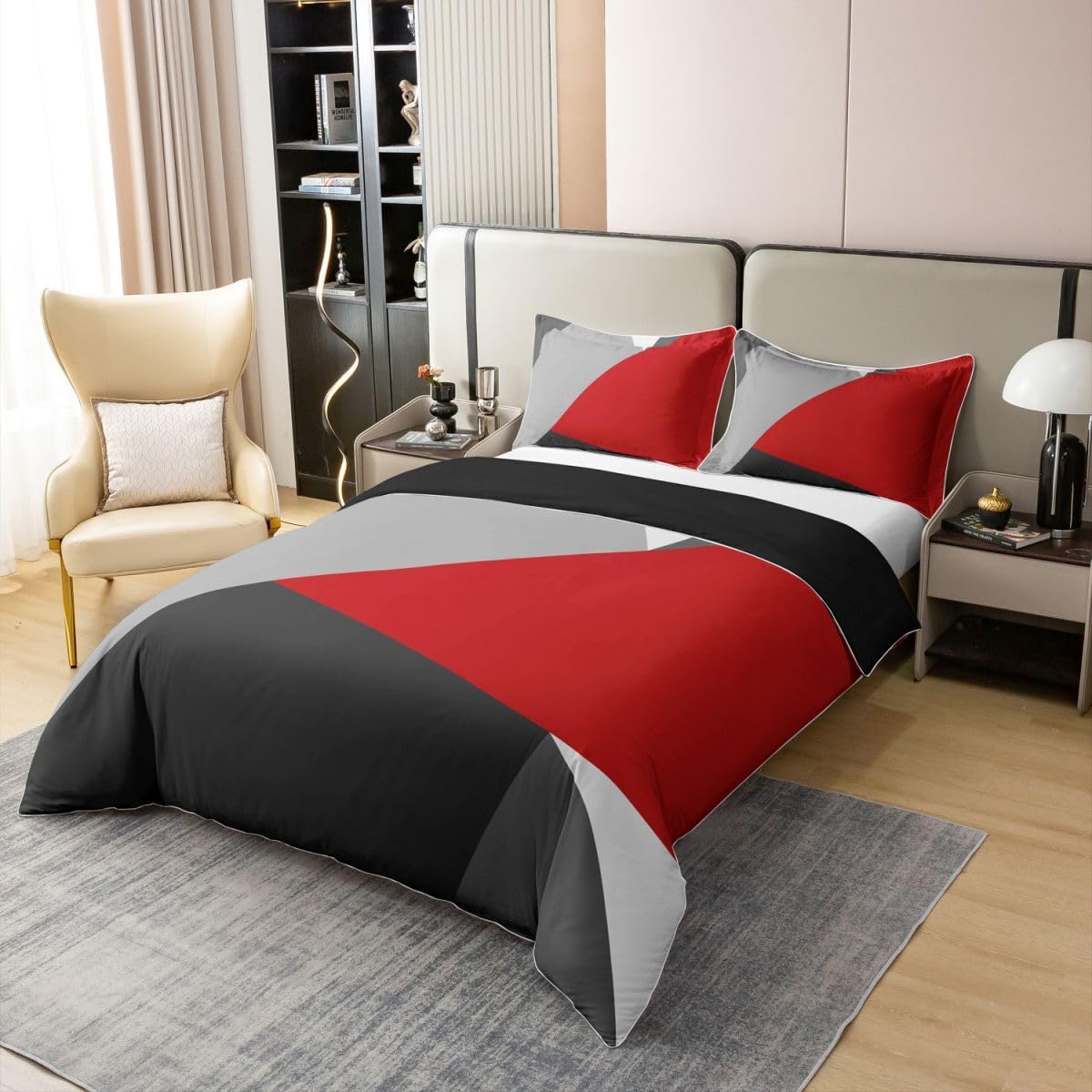 Erosebridal 100% Organic Cotton Red Black Gray Bedding Set Twin Patchwork Geometric Comforter Cover for Kids Boys Girls,Simple Triangle Print Duvet Cover Modern Bedspread Cover Bedroom Decor