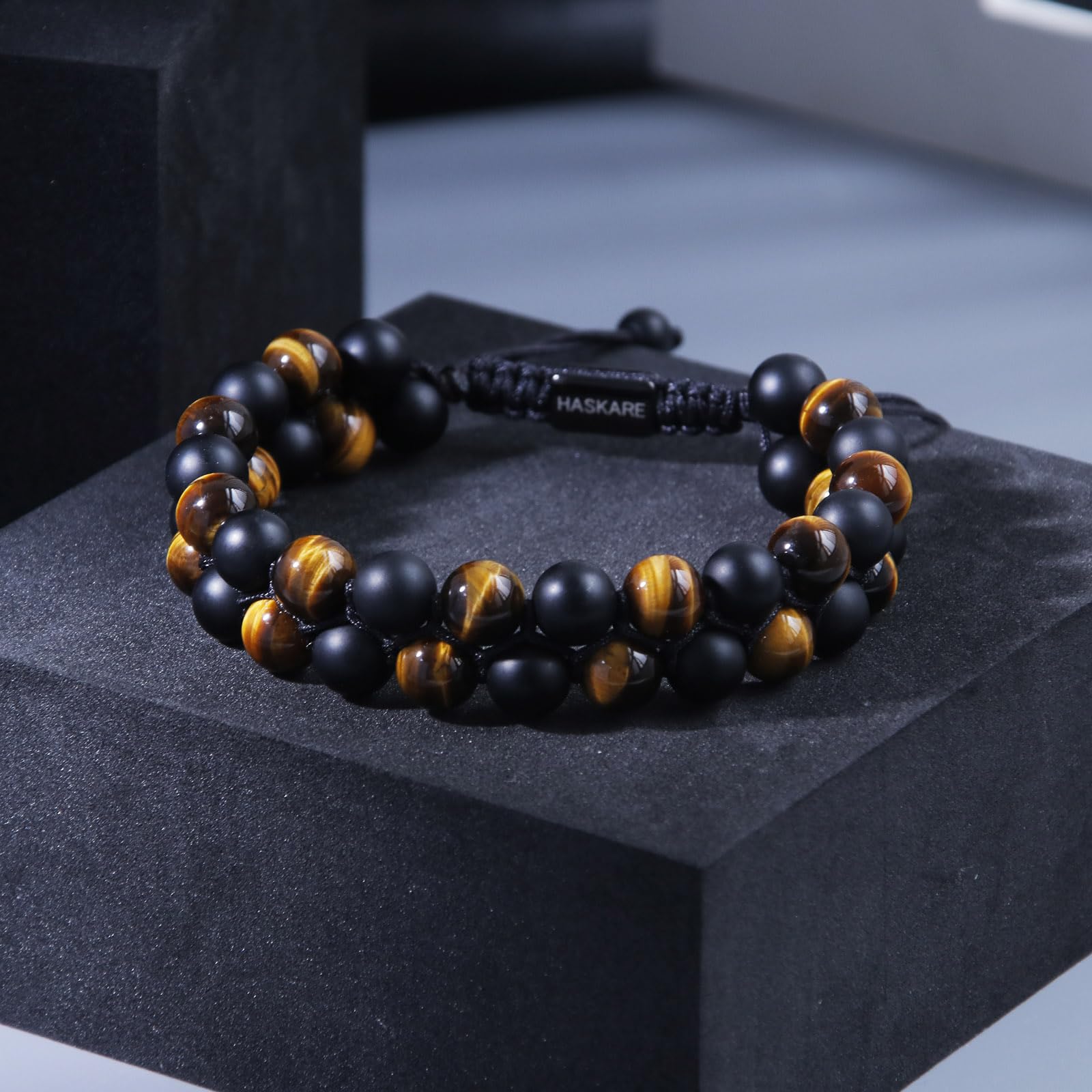 HASKARE Männer Armband Perlen, Handmade Herren Armband Steine Doppelt Schutz Tigerauge Perlenarmband mit Braun Onyx Armband Natürliches Stein Armbänder für Herren, Einzigartige Geschenk für Ihn