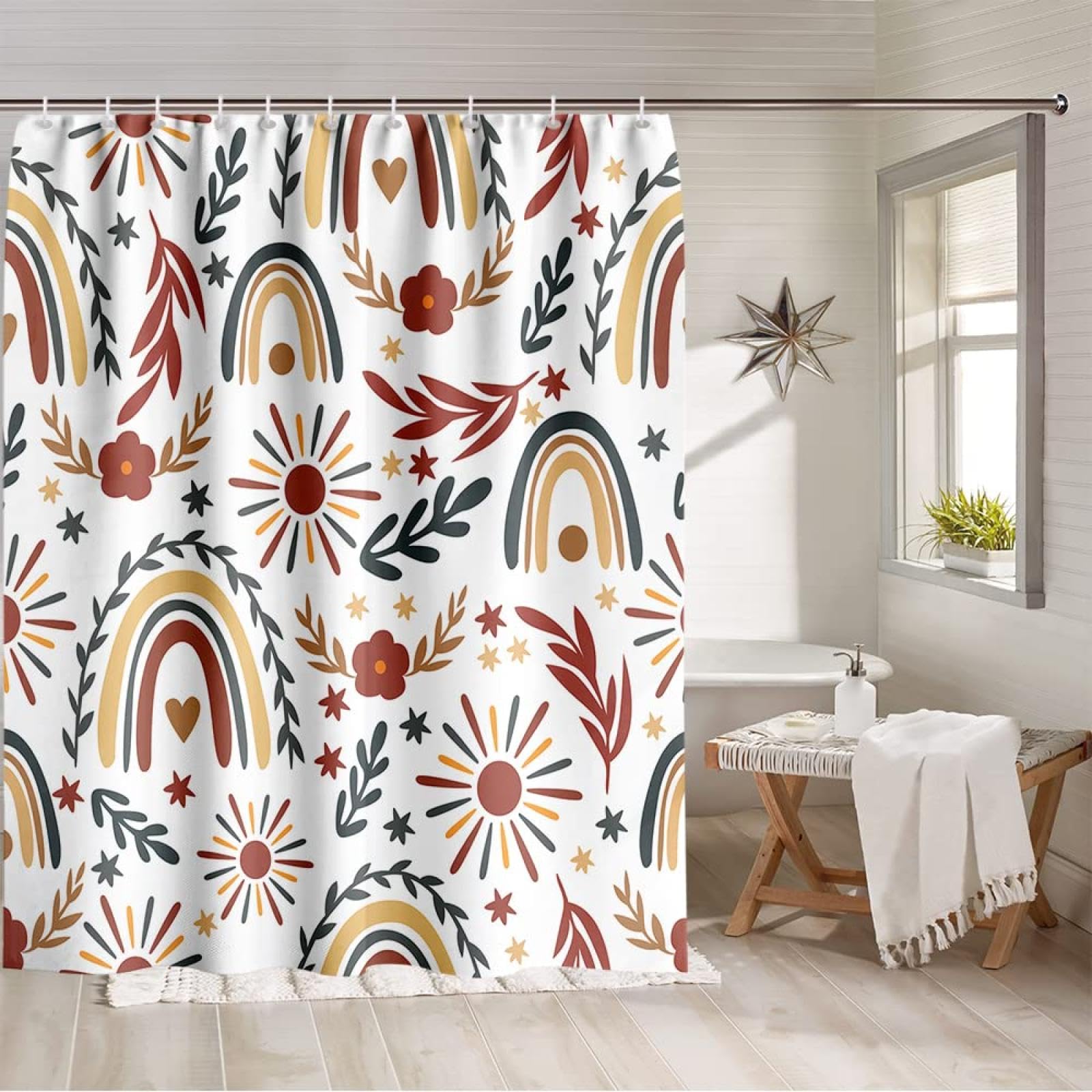 Uiyiui Boys Multicolor-5 Boho Rainbow Kids Shower Curtain 36X72in-91X183cm Mid Century Modern Flower Leaf Aesthetic Bahtroom Curtains, Cute Cartoon Waterproof Fabric Shower Curtain For Girls Bathtub Decor
