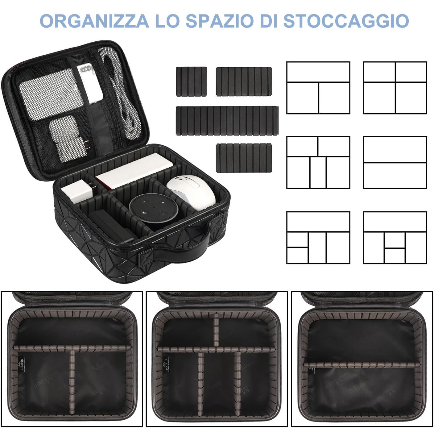MATEIN Borsa Porta Cavi da Viaggio Grande, Organizer Cavi a Doppio Strato con Divisori Rimovibili, Impermeabile e Antiurto, per Caricabatterie, Power Bank e Accessori Elettronici, Nero