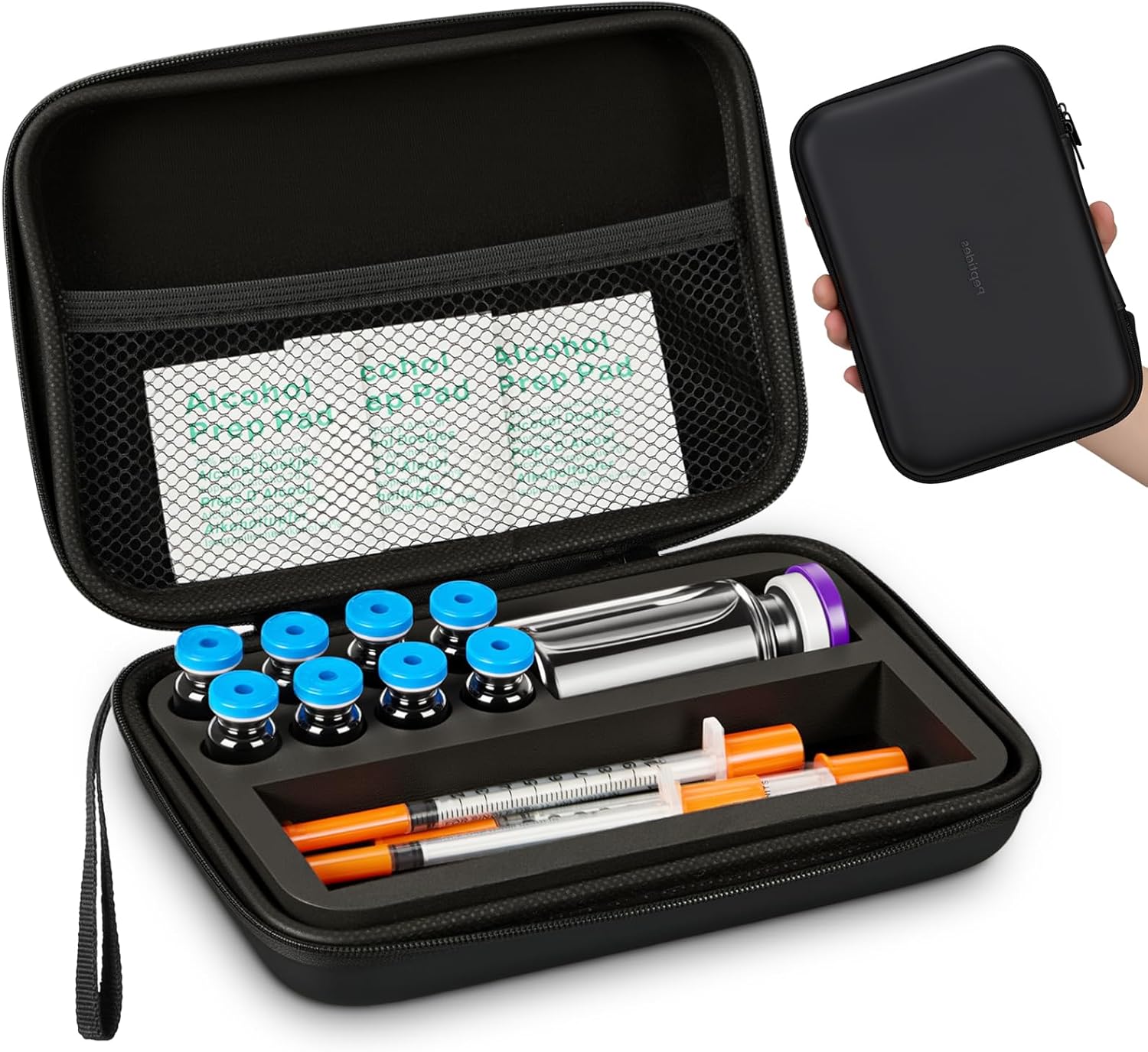 Qunclay Peptide Case for 8x3 ml + 1x30ml Bac Water Glp1, 3 ml Vial Storage, Peptide Case for Fridge, Insulin Vial Holder, Room for Syringes and Skin Prep Wipes, Black Portable Travel Box (Only Box)