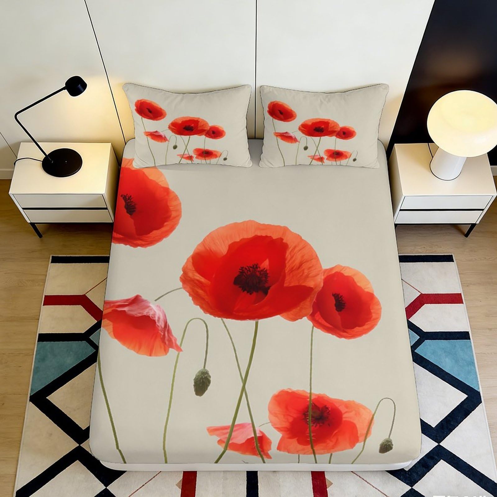 3D Printed Red Poppy Fitted Sheet Microfiber Soft Breathable Floral Bed Cover for Bedroom Dormitory Guest Room Mattress Protection Decor 140x200x25cm