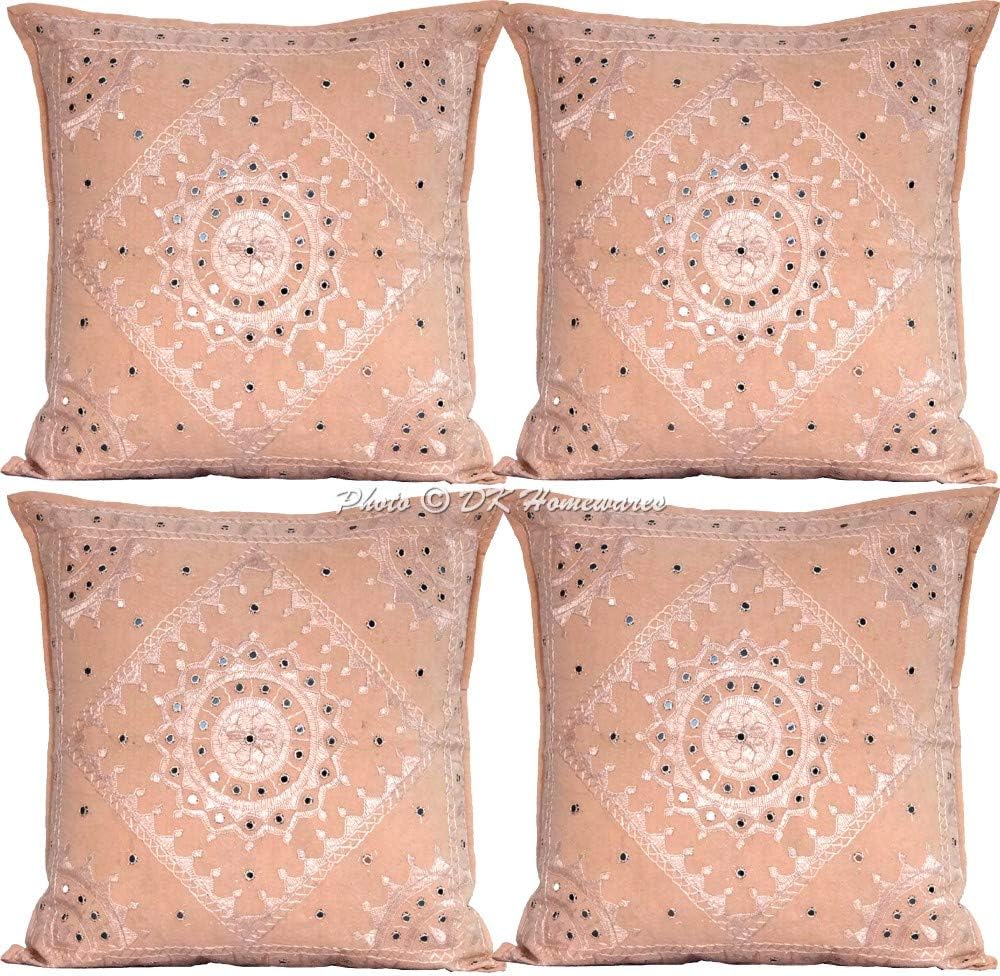 Bohemian Decorative Toss Throw Pillowcases 24x24 Inch Cotton Embroidered Bohemian Indian Square Accent Cushion Covers (Size - 60x60 cm ; Color: Peach) - Set of 4 Pcs (Cover Only)